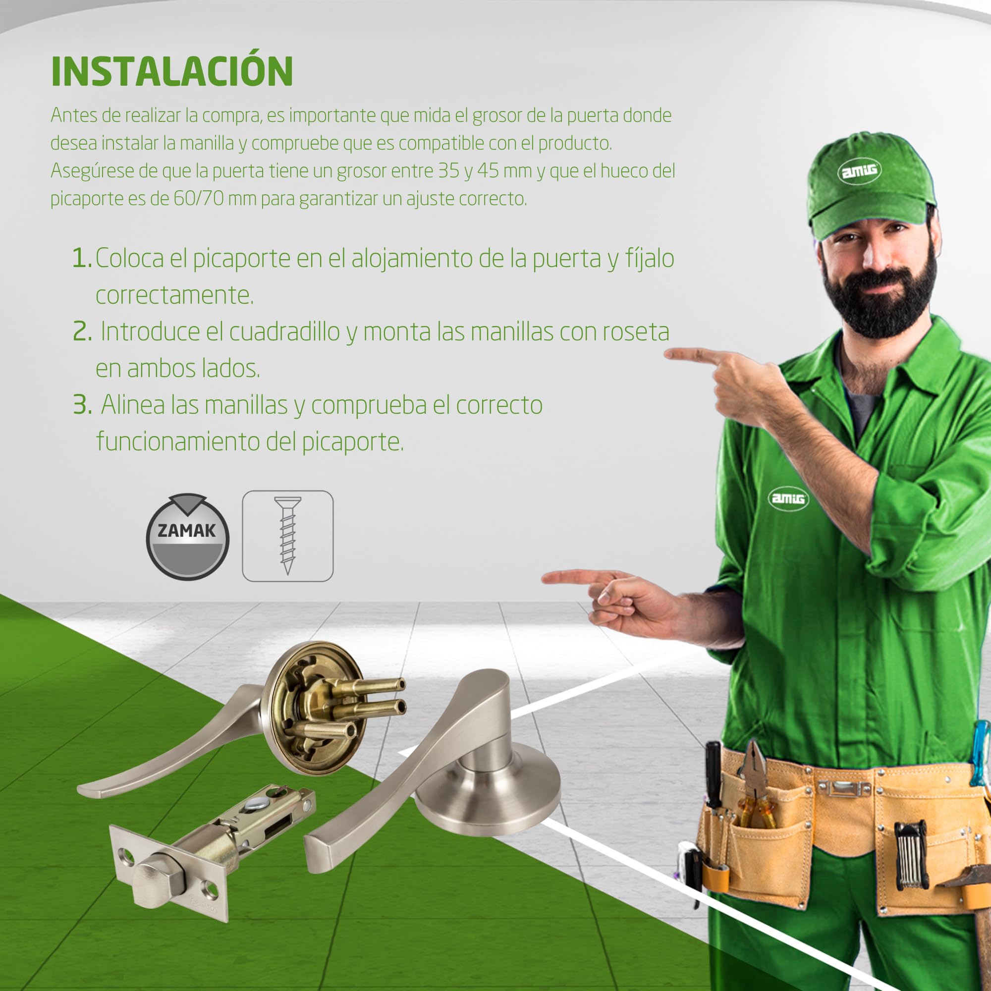 Amig - Juego de Manillas de Paso con Picaporte - Picaporte de Entrada 60/70 mm - para Puertas de madera de 35 a 45 mm - Maneta con Roseta - Regulable y Reversible - Cromado Mate - Zamak - Mod. 711