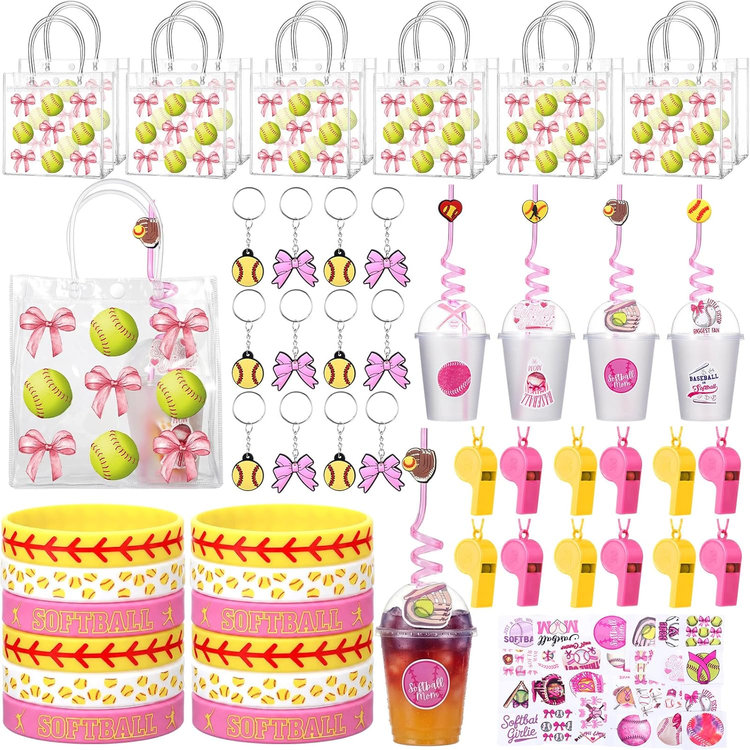 Sweetude 121 Pcs Softball Party Favors Gifts Softball Goodie Bags Sports Team Gifts Include Cups with Lids Straws Goodie Bag Keychain Silicone Wristband Sticker Whistles for Sport Birthday Party Decor
