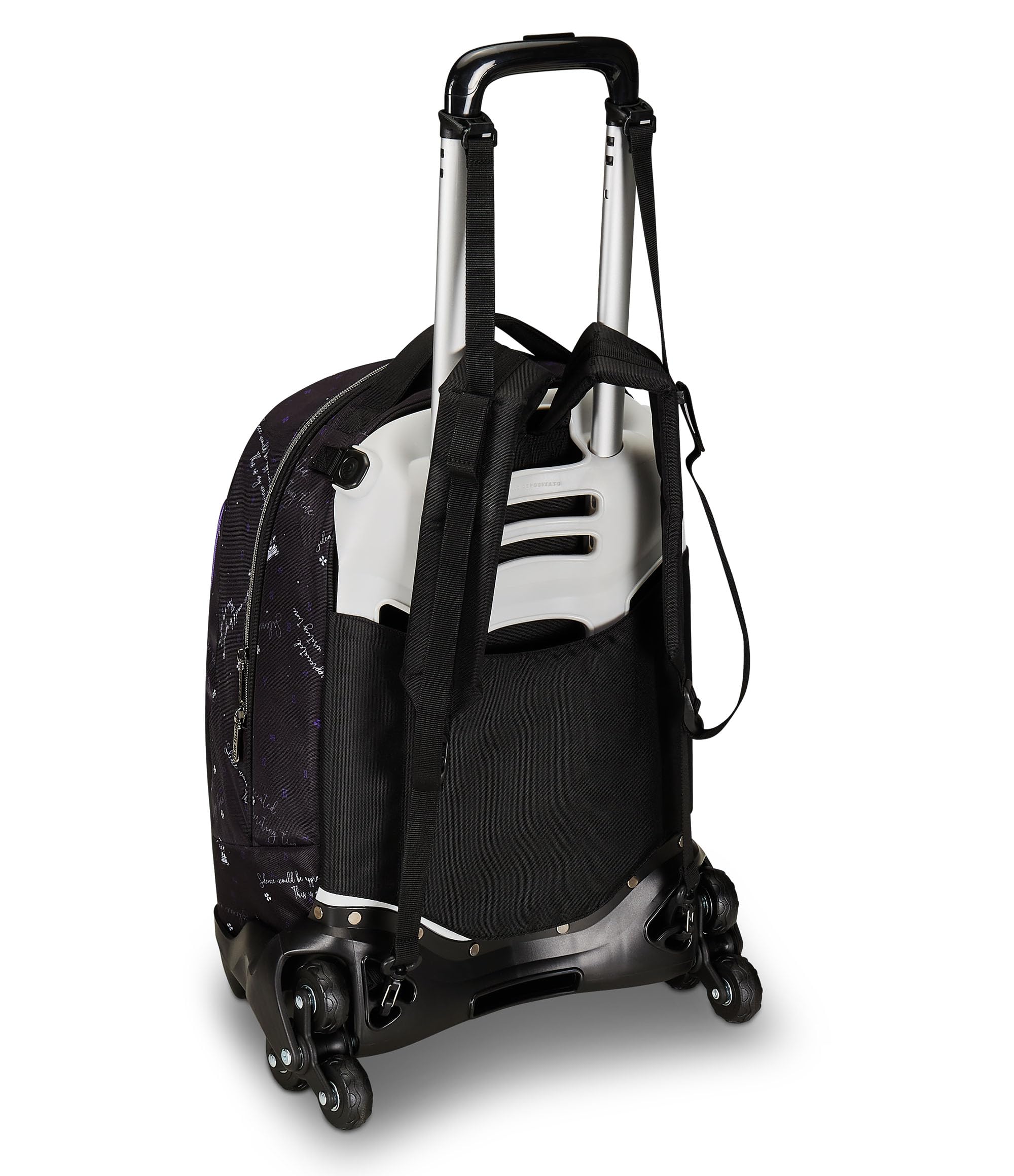 Seven Trolley Scuola Jack 3 Ruote, MERCOLEDÌ - BE THE STRANGE YOU WANT TO, Nero Viola - 3 in 1, Triplo Uso, Zaino Con Carrello Sganciabile, Tasca Porta Borraccia, Zaino Scuola Ragazza