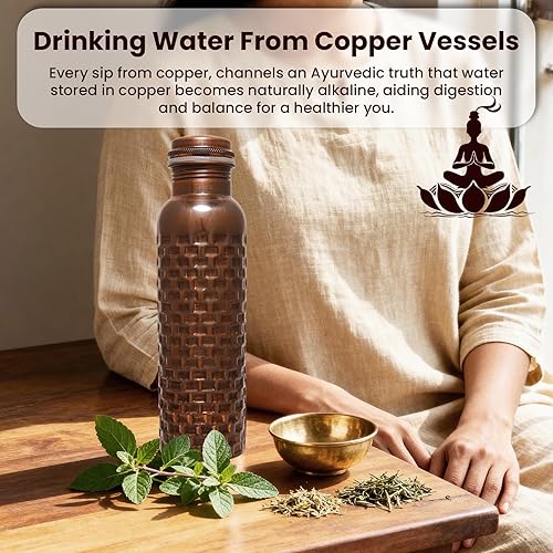 Miniatura 10 de Craft Trade Botella de agua de cobre 100% puro de 34 onzas, botella de cobre de 1 litro, recipiente inspirado en Ayurveda para el bienestar, hecho a