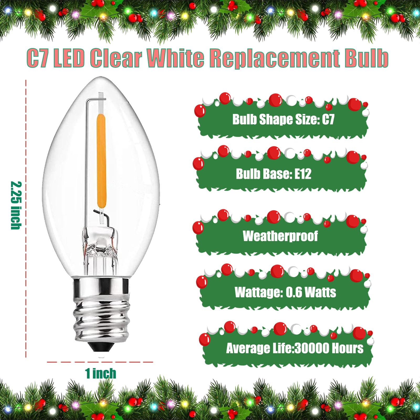 Paquete de 25 bombillas LED C7 de noche, bombillas LED C7 de repuesto de Navidad para luces de cadena al aire libre, bombillas de base de candelabro E12, bombillas de 0.6 W 2700 K blanco