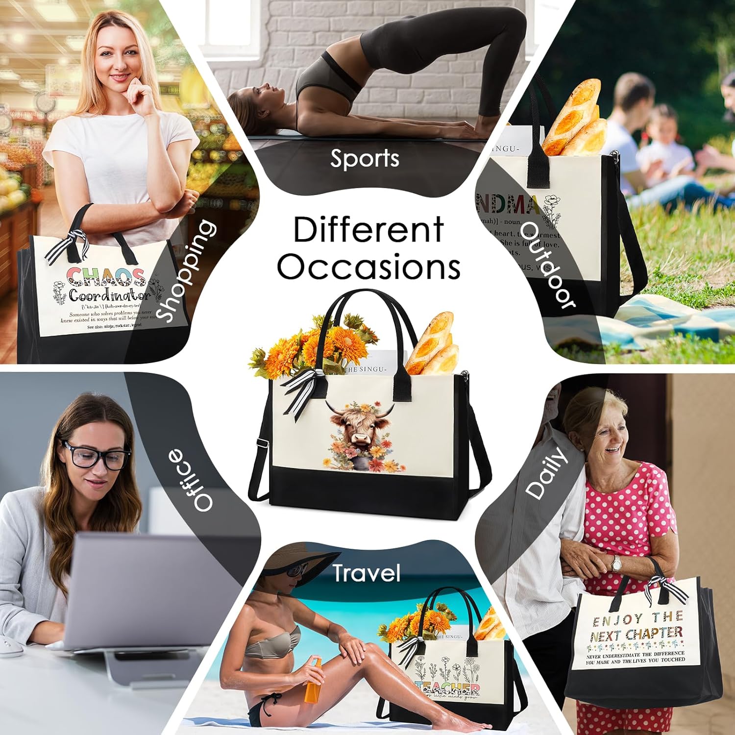 Highland Cow Gifts Tote Bag - Mother's Day Gift Personalized Highland Cow Canvas Tote Bag with Zipper Aesthetic Floral Reusable Grocery Handbag for Women Cow Lover Mothers Day Travel Beach Bag - Image 8