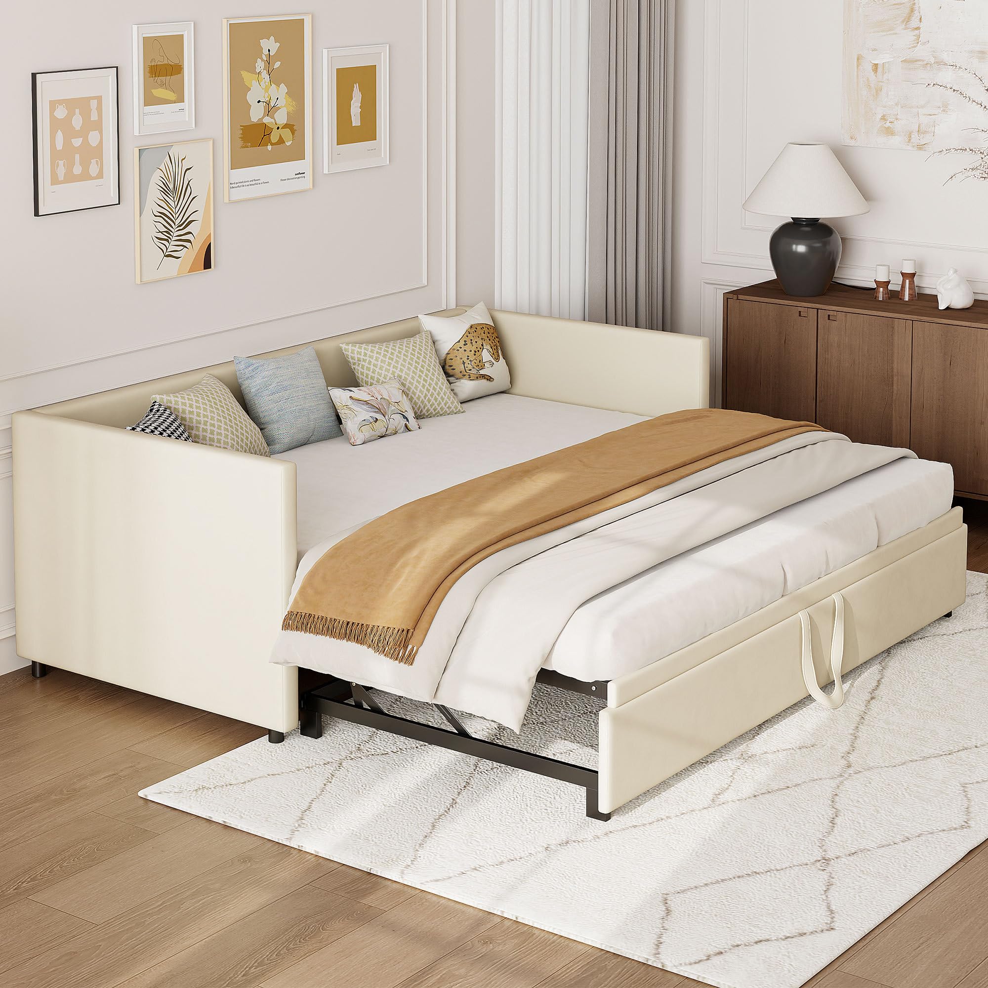 Sofá cama 90/180 x 200 cm, cama nido a la misma altura, cama con cama nido, sofá cama doble con somier, terciopelo (Beige, 90/180 x 200 cm)