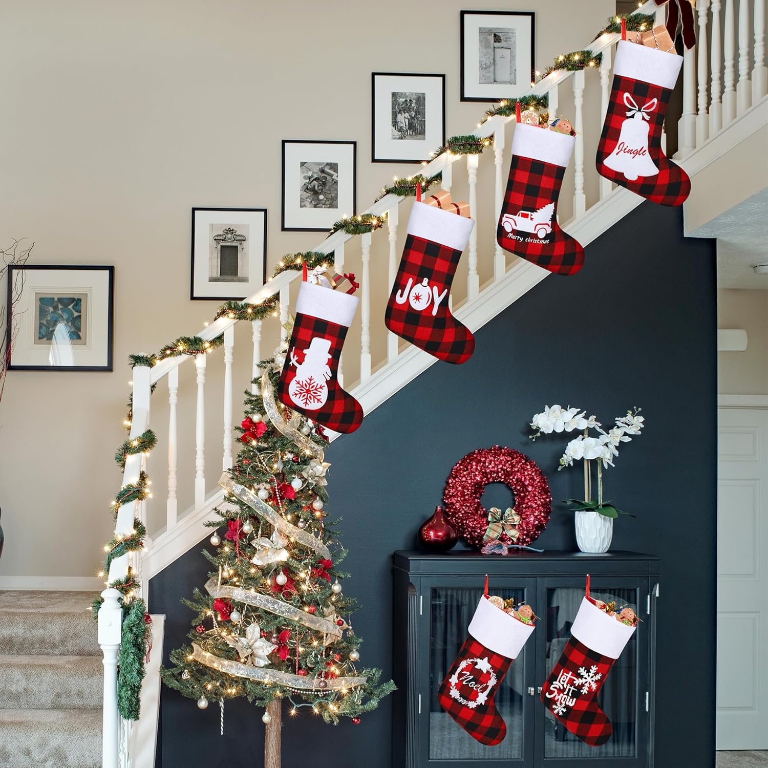 Aodaer 16 Pack Felt Christmas Stockings 18 Inches Red Black Buffalo Plaid Xmas Fireplace Hanging Stockings with Santa Snowman Reindeer Pattern Holiday Hanging Decorations for Christmas Party Favors