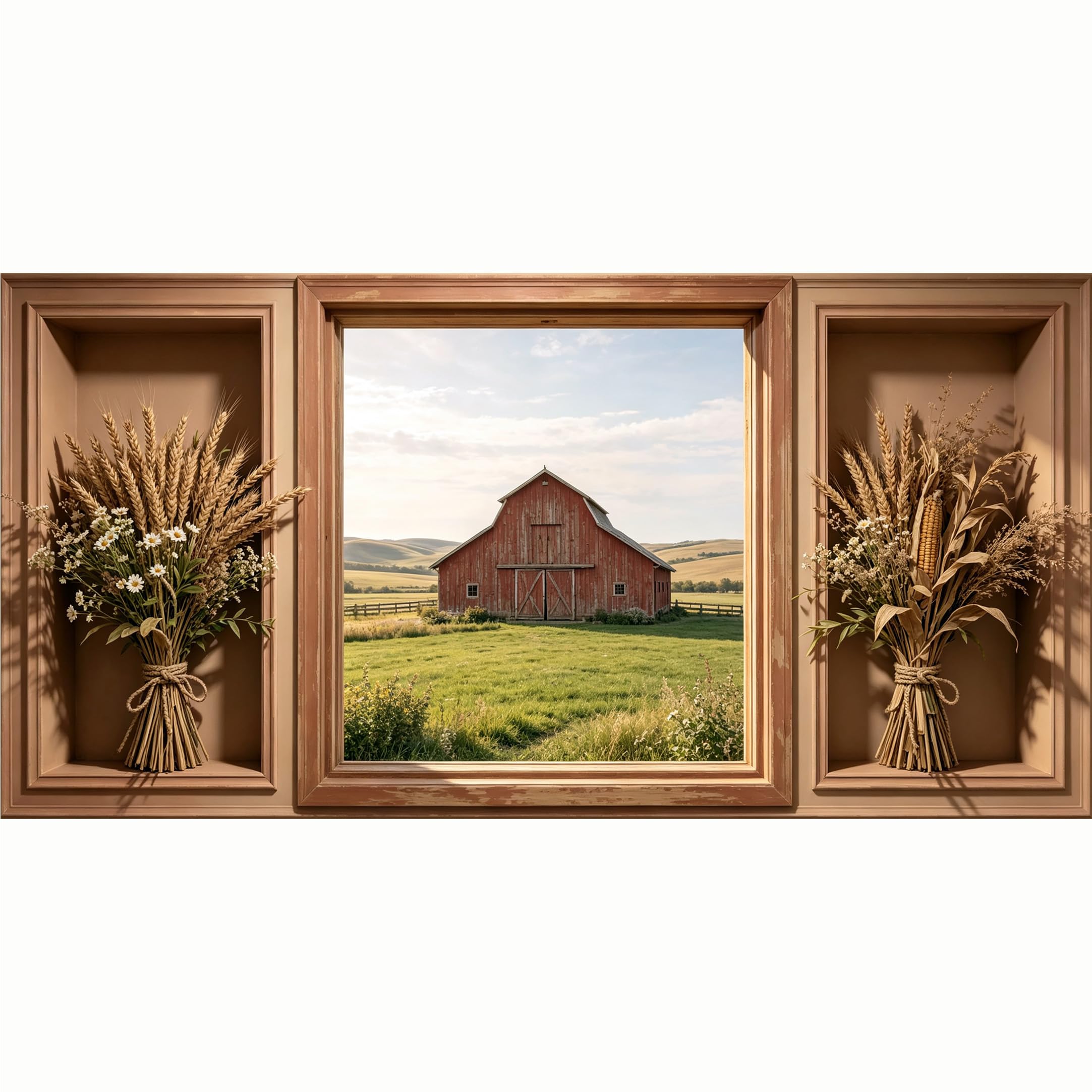 QZLITHOTIC 50x100cm 3D Framed Wall Art， Rustic Red Farmhouse Wheat Bouquet SelfAdhesive Mural， WaterActivated Peel & Stick Fabric Decor Wall Decal for Bedroom Living Room