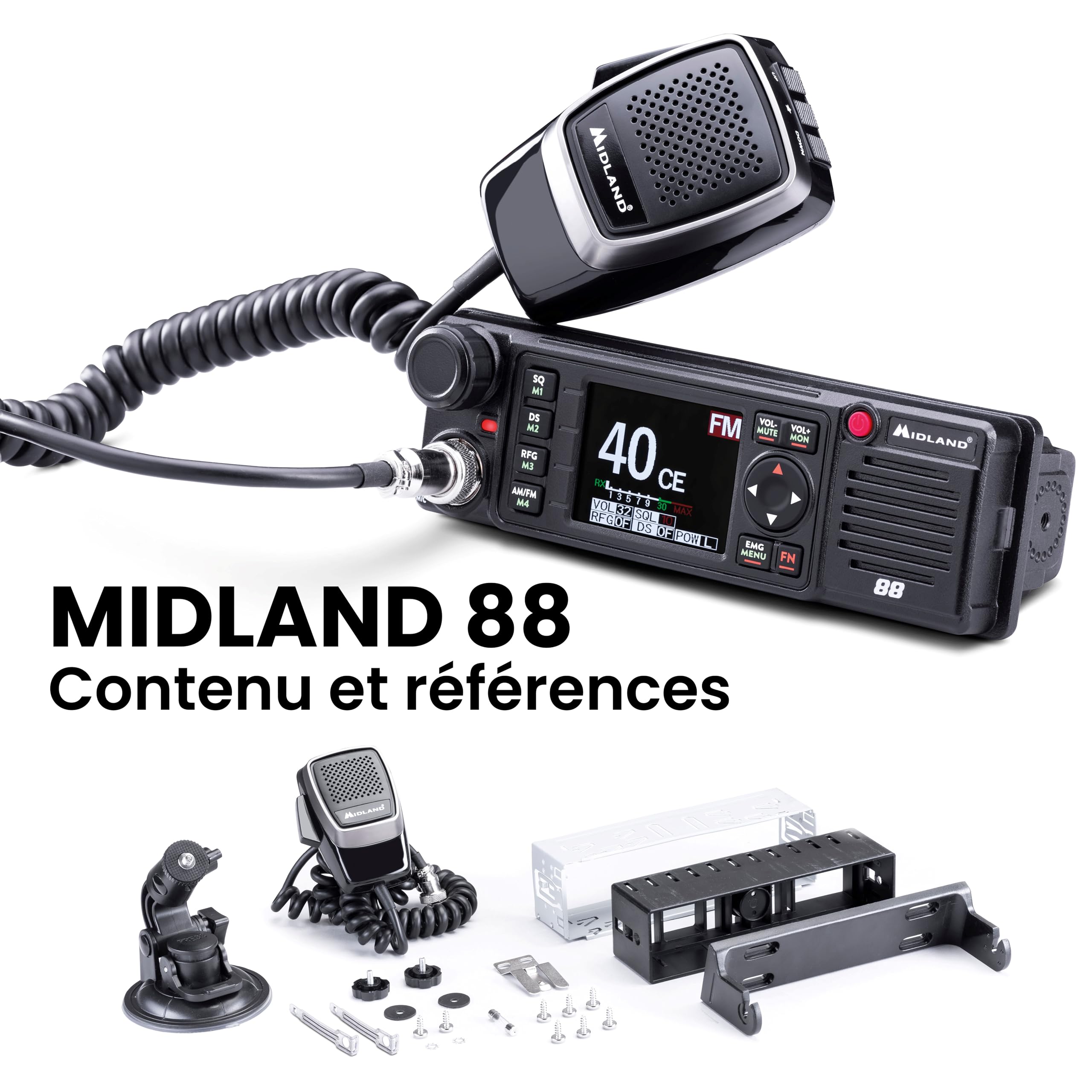 Midland - Radio CB M88 Transport sans Licence, Radio Professionnelle pour Tous Compartiments DIN Voiture Camion Camping-Car et Autres, Écran TFT Multicolore, Noise Blanker/HIC Alimentation Universelle
