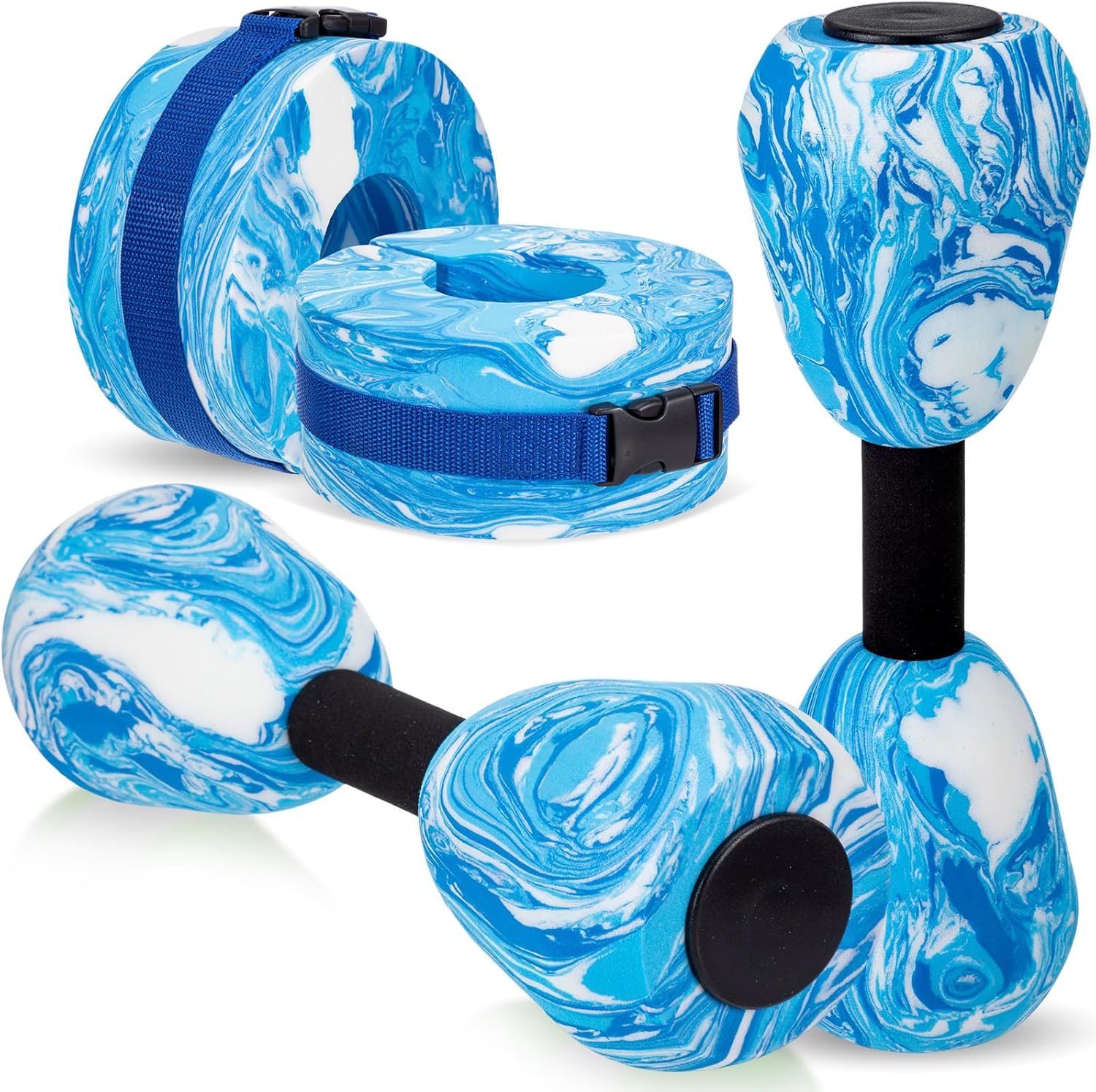 Seenelling 4 Pcs Water Aerobics Set Aquatic Exercise 2 Foam Dumbbells and 2 Foam Aquatic Cuffs Ankle Arm Pool Resistance Fitness Weights Equipment for Training Water Workouts