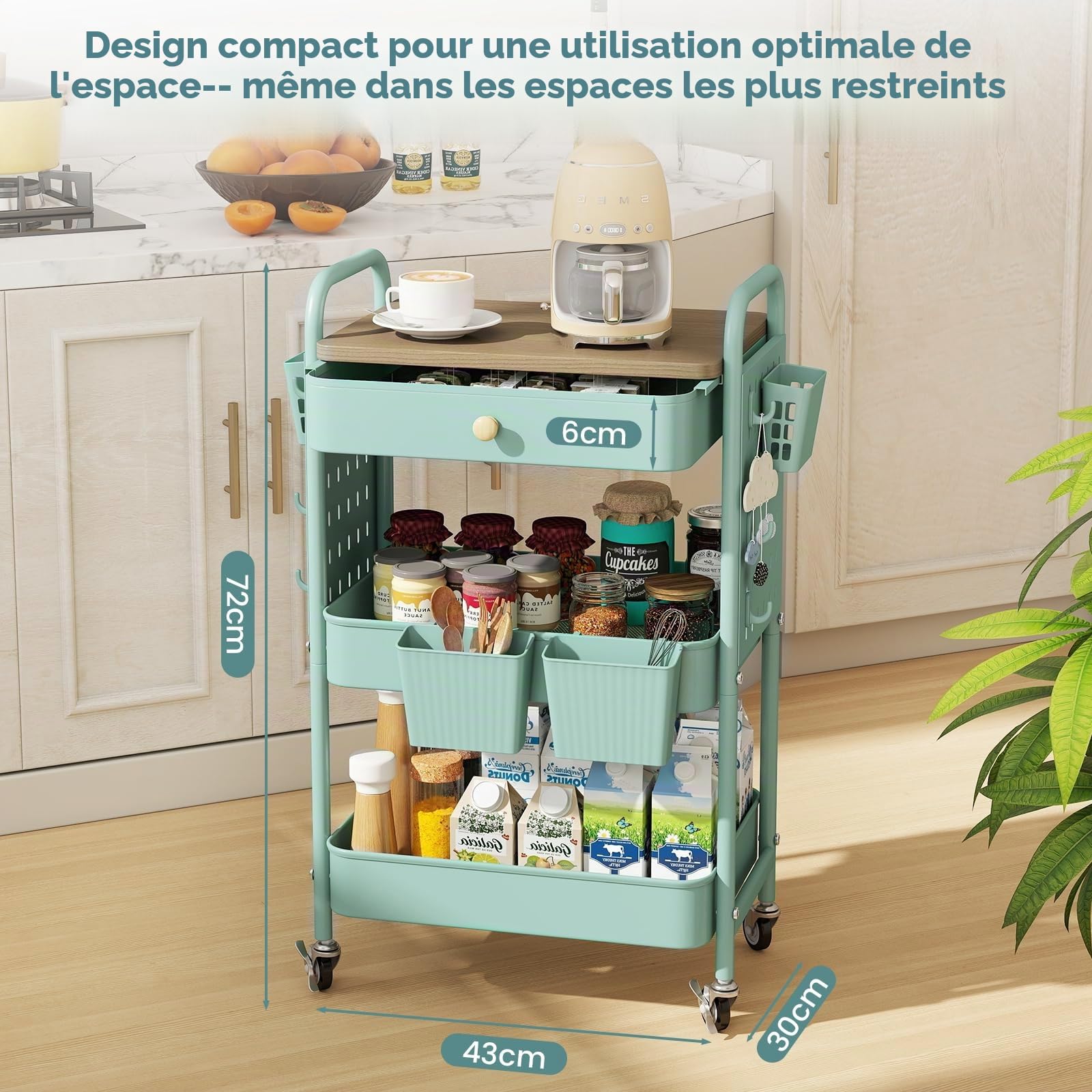 danpinera Chariot à roulettes à 3 niveaux en métal avec tiroirs et panneaux perforés, chariot de service, chariot de bricolage, chariot de cuisine avec roulettes pour cuisine, salon, salle de bain