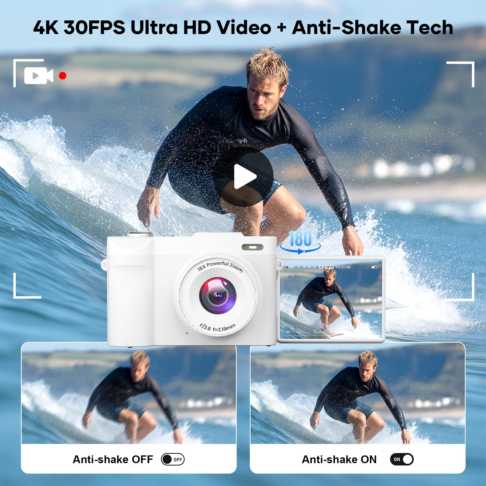 Fotocamera digitale 4K per fotografia, fotocamera da 50 MP con messa a fuoco automatica e fotocamera con schermo flip a 180°, zoom 16x, fotocamera compatta per YouTube, fotocamera da viaggio con