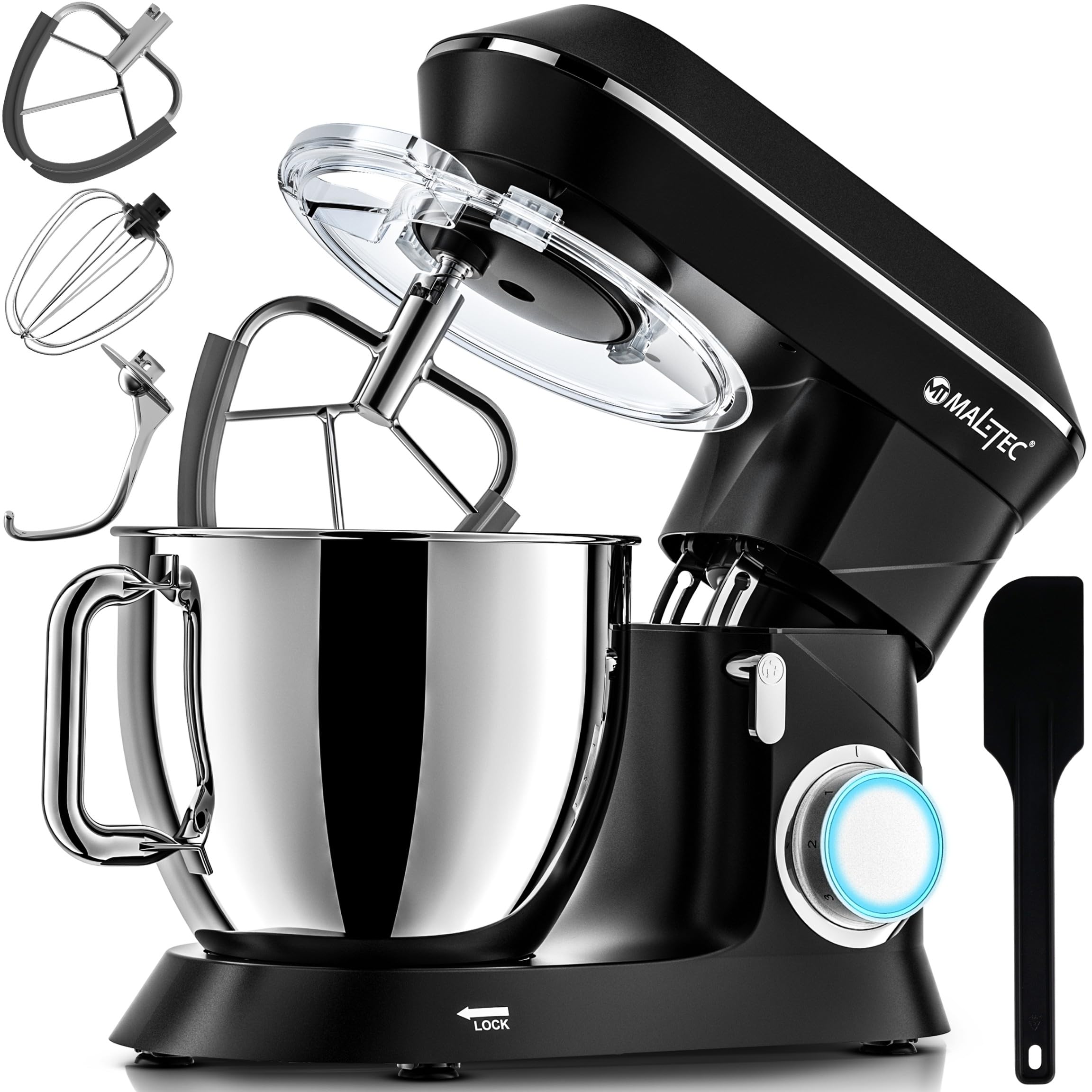 MalTec Planet MaltecChef Robot kuchenny 2200 W, hak do mieszania, hak do ugniatania, trzepacz, ochrona przed pryskaniem, 6 prędkości, 4 funkcje, czarny robot kuchenny, 6 l