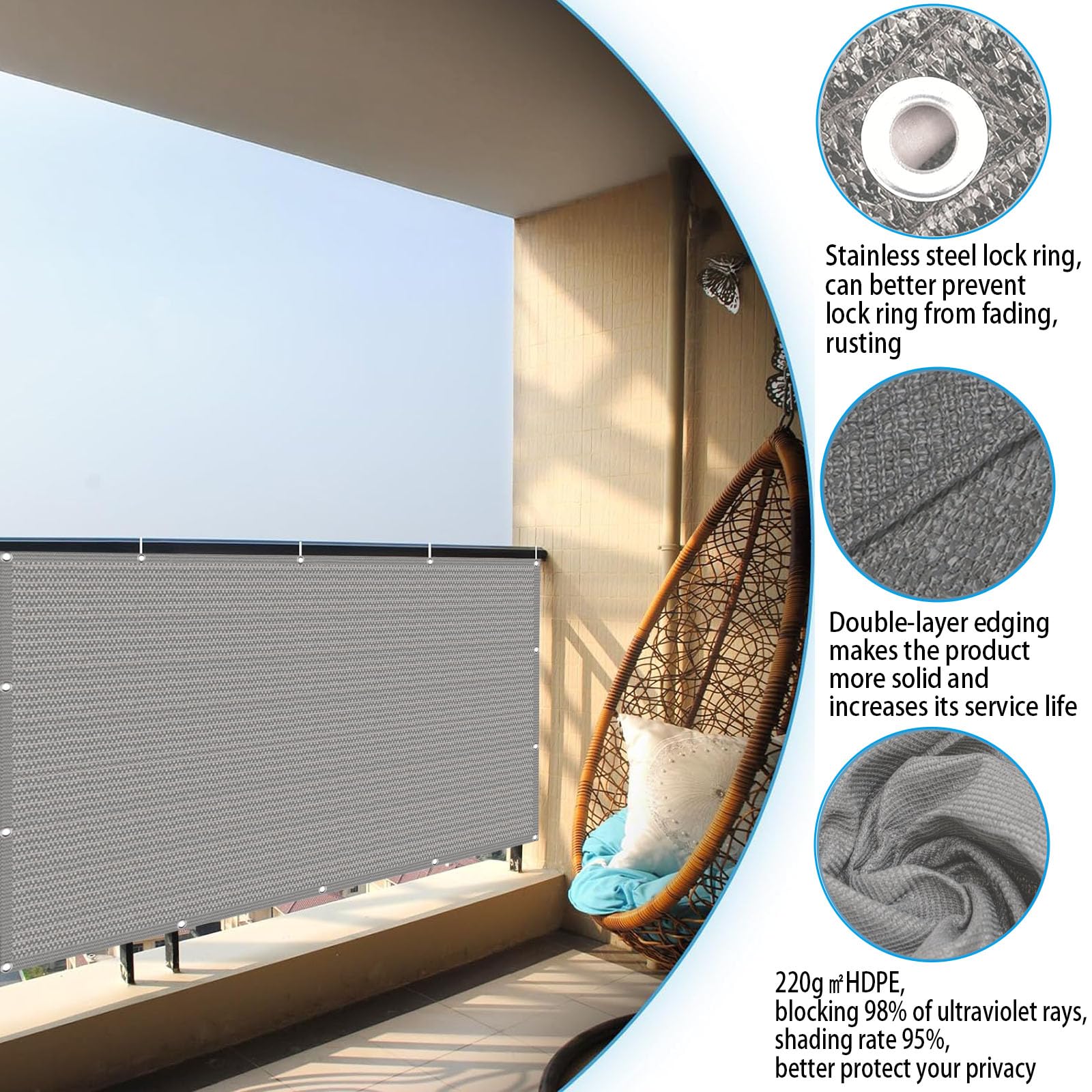 Ekran Prywatności Na Balkon 130 x 430 cm Ochrona Przed Promieniowaniem UV Odporna Na Warunki Atmosferyczne Ekran Ogrodzenia Na Balkon I Patio Do Balkonu I Patio, Szary