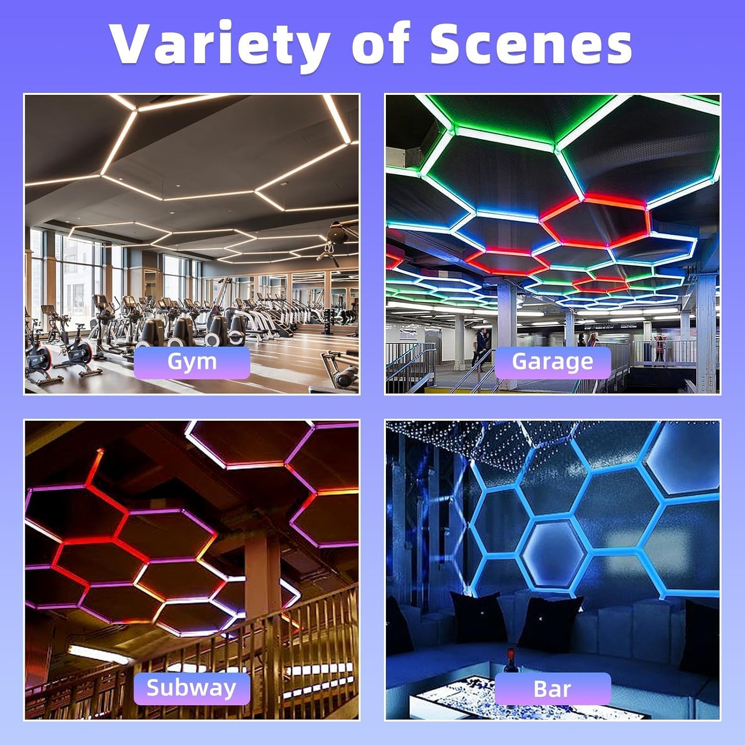RGB 3 Pack Hexagon LED Lights, 16 Pack Tube Lights, RGB Garage LED Tube Light, 358 Color Modes, Remote Control & Smart App Control, IP54 LED Ceiling Lights for Gaming Room, Gym, Party, Bar