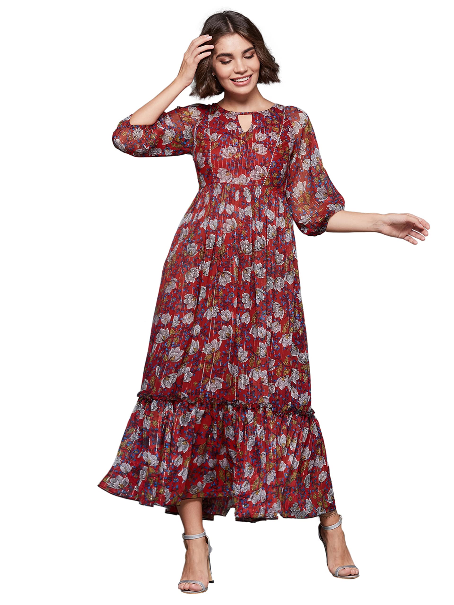 Miss ChaseWomen's Multicolored-Base-Red Round Neck Bishop Sleeves Ankle Length Chiffon Printed Maxi Dress