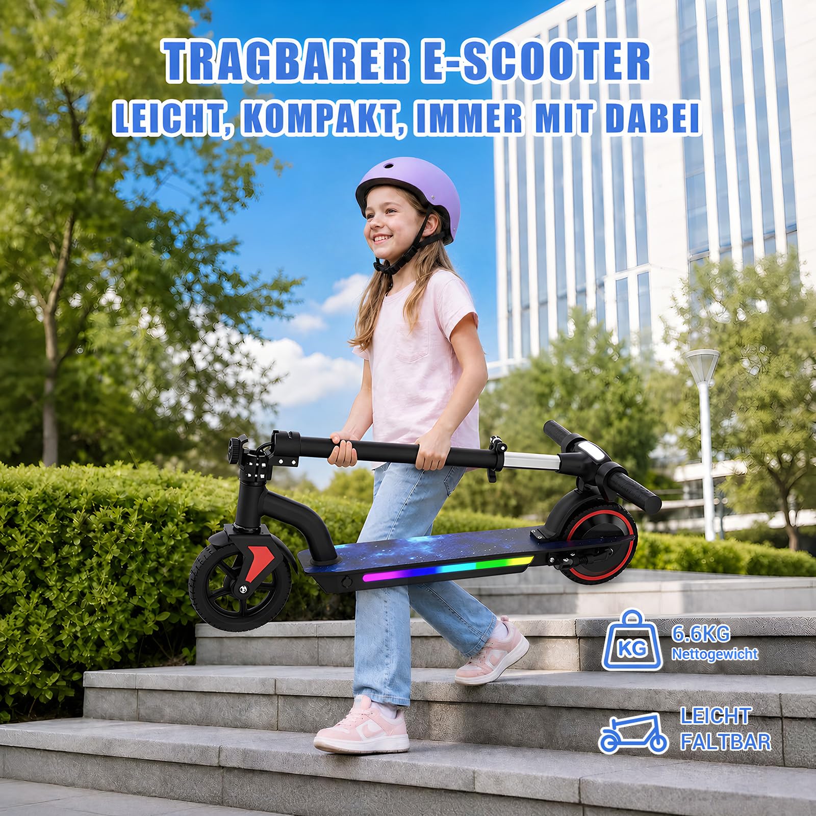 Elektroroller für Kinder von 6-16 Jahren 100cm-160cm 5.2A Batterie 3 Geschwindigkeitsstufen (6/10/16 km/h) 16km Reichweite Höhenverstellbar Reichweite faltbar LED-Display E-Scooter für Kinder