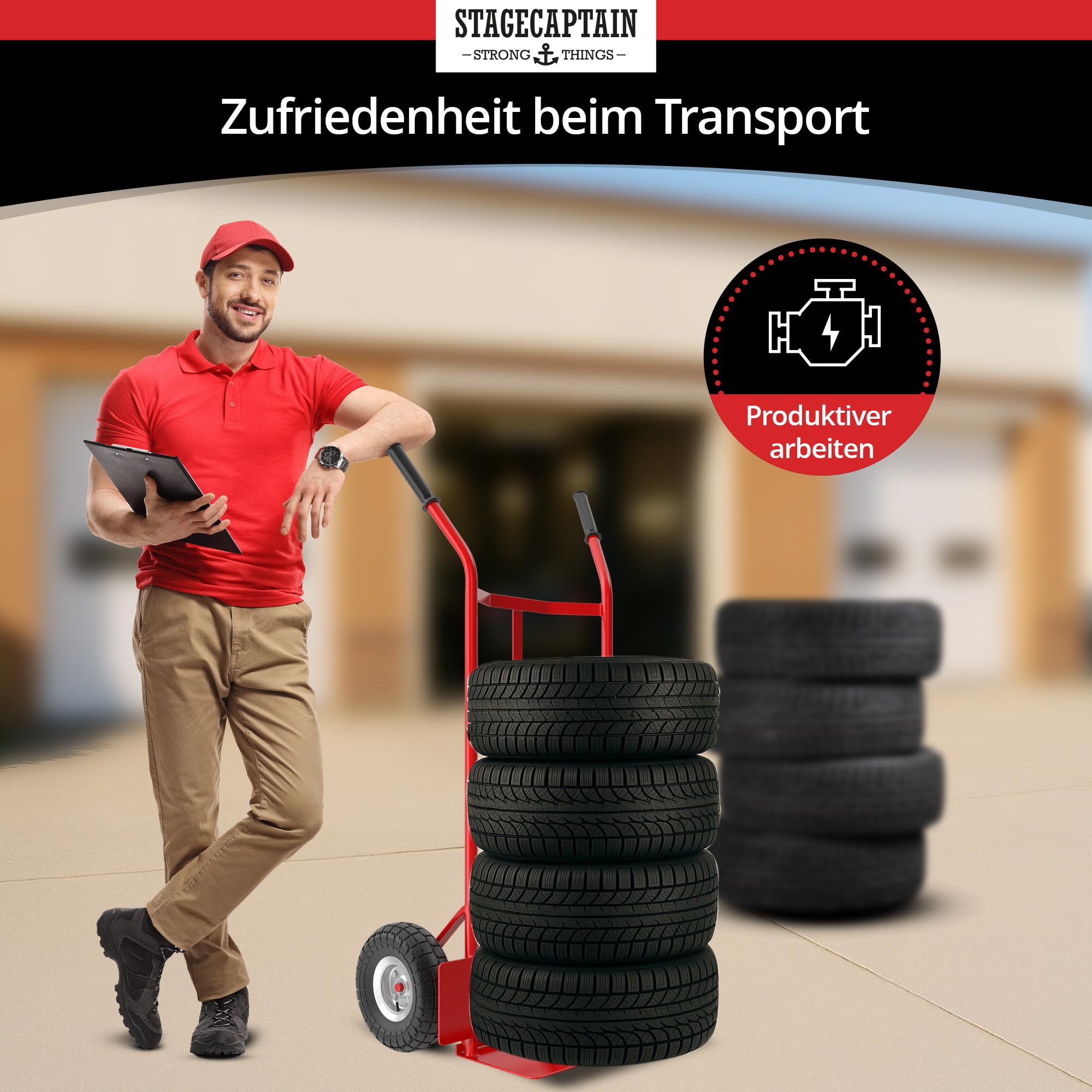 Stagecaptain Carryboy Sackkarre - 200 kg belastbar - Transportkarre für Umzug oder Getränkekisten - Robuster Stahlrahmen und Luftreifen mit 27 cm Ø - Handwagen mit Sicherheits-Haltegriffen - Rot