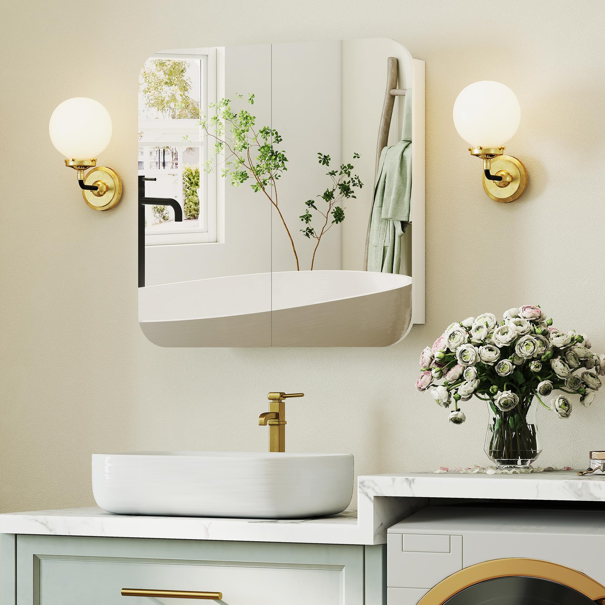 HOMCOM Armario de Baño con Espejo, Diseño con Bordes Curvados, Armario de Pared, Mueble de Baño Colgar, 2 Puertas, Estantes Ajustables, 68x13x66 cm, Blanco