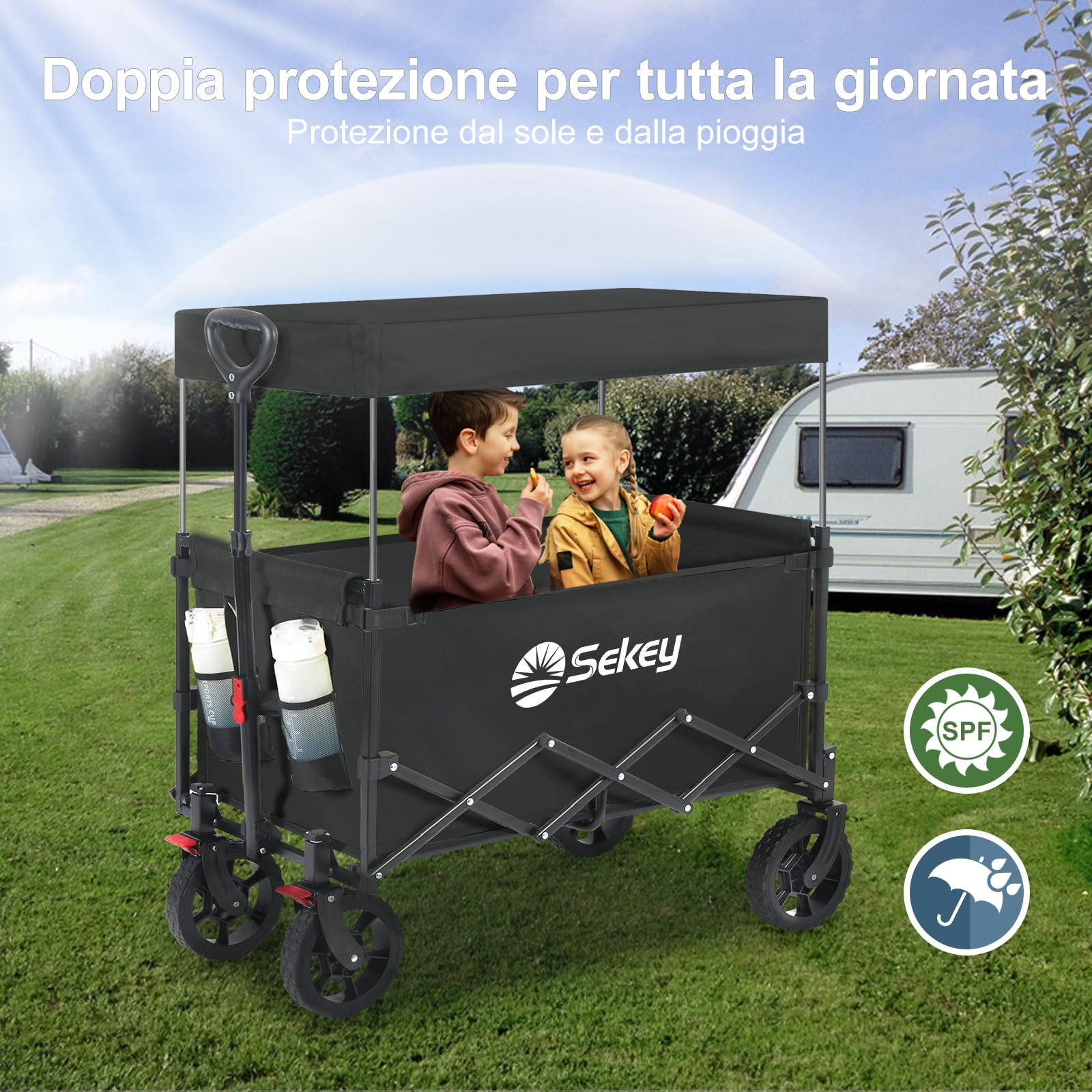 Sekey XXL Carrello Spiaggia con Tetto 150L 150KG, Carrello Pieghevole per Bambini, Carrelli Pieghevole con Ruote con Protezione Solare per Spiaggia Campeggio SE 4018, Nero