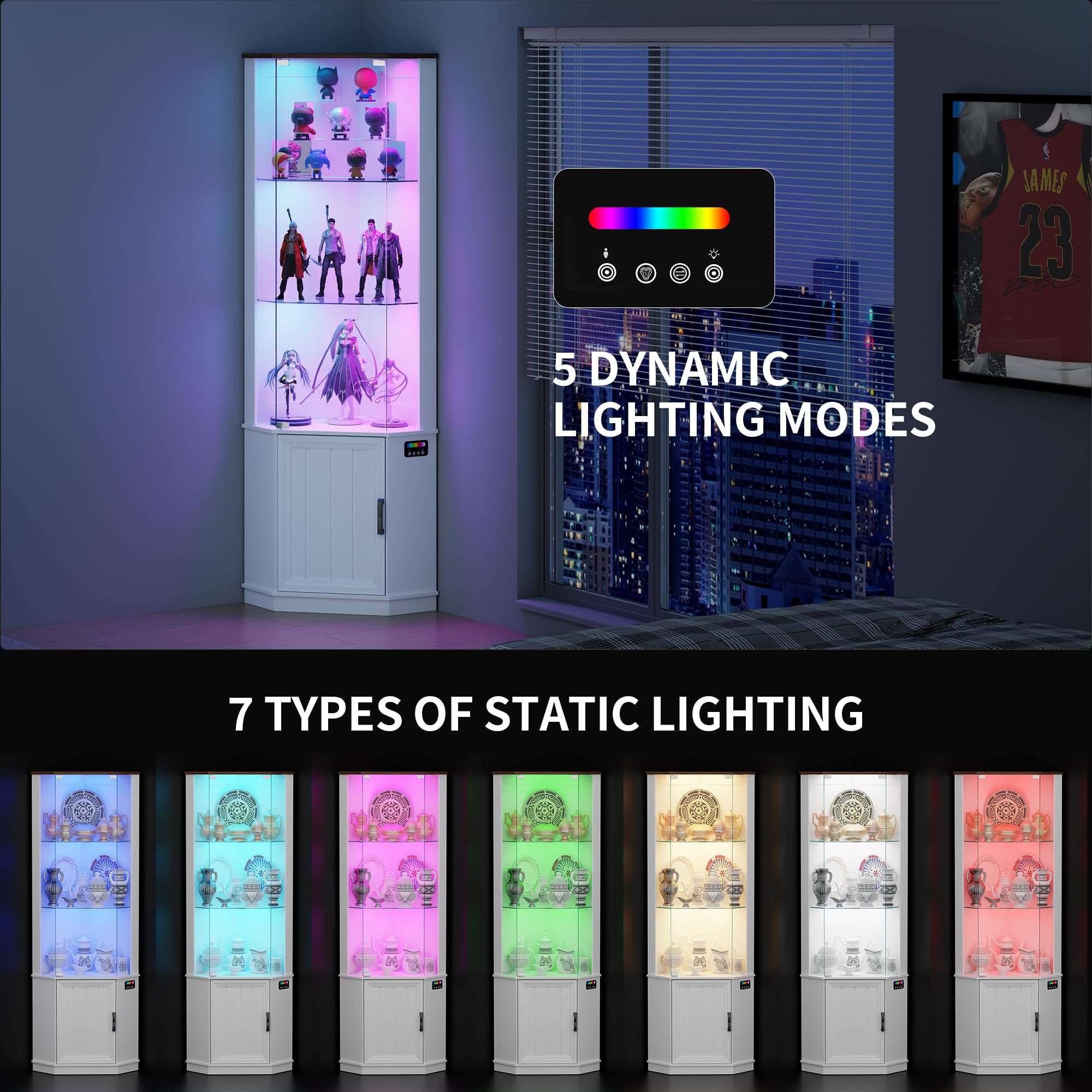 Lvifur Eckvitrine mit LED Beleuchtung und Schubladen für Sammlerstücke,Wein,3-Lagen Glasvitrine Vitrine Vitrinenschrank mit Intelligente Sensorik für Wohnzimmer,Schlafzimmer