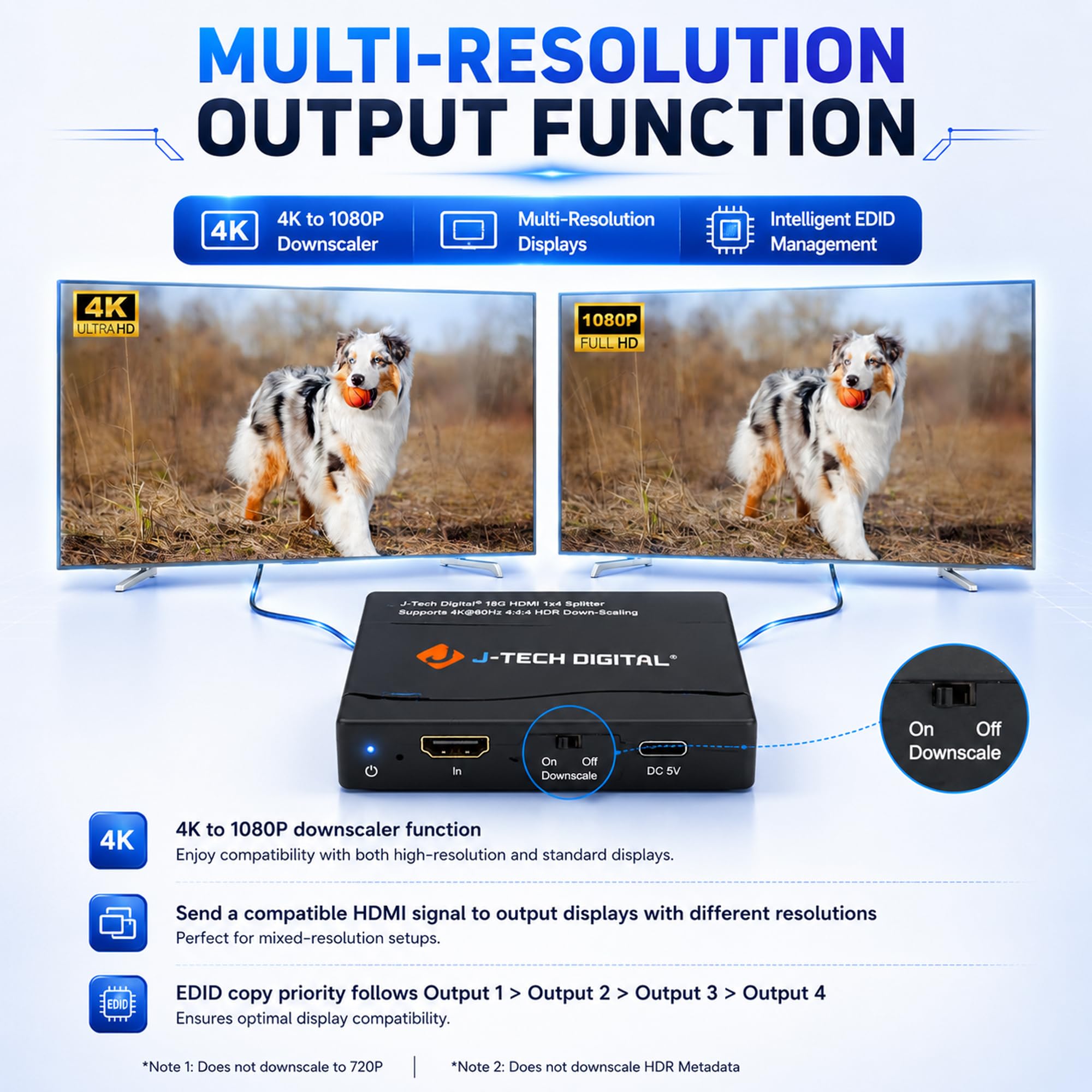 J-Tech Répartiteur HDMI 4K 60 Hz 1 x 4 Sortie multi-résolution (MRO) par J-Tech Digital HDMI 2.0 Splitter prend en charge HDR HDR10 / Dolby Vision 4K @ 60Hz 4:4 HDCP2.3 2.2 (JTECH-4KSP4)