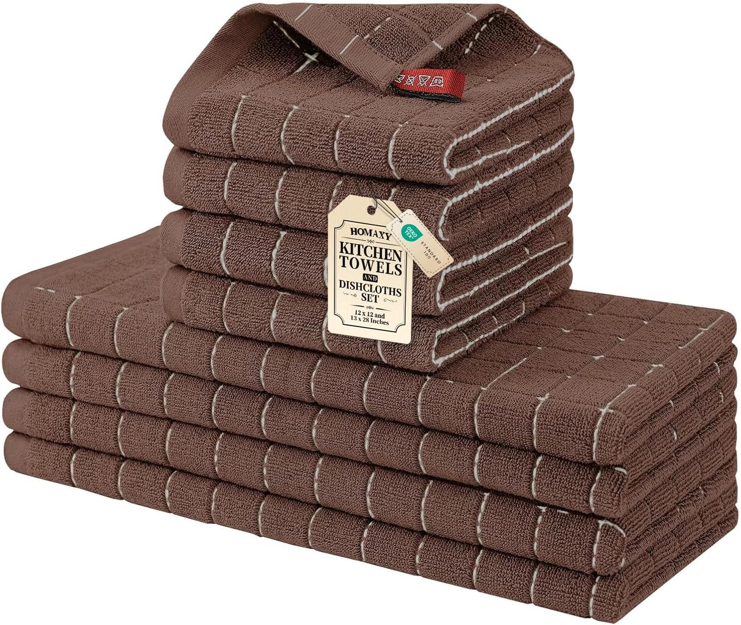 Homaxy Kitchen Towels and Dishcloths Set, 12 x 12 and 13 x 28 Inches, Set of 8 Bulk Cotton Terry Kitchen Towels Set, Checkered Designed, Soft and Super Absorbent Dish Cloths, Brown