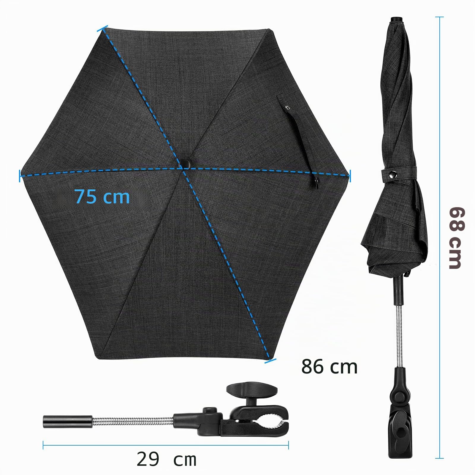 Ombrelle Universelle pour Poussette, Parasol Anti UV 50+ pour Landau, Flexible et Orientable, Diamètre 78 cm, Fixation pour Tube Rond ou Oval, avec Clip pour Fauteuil Roulant Poussette
