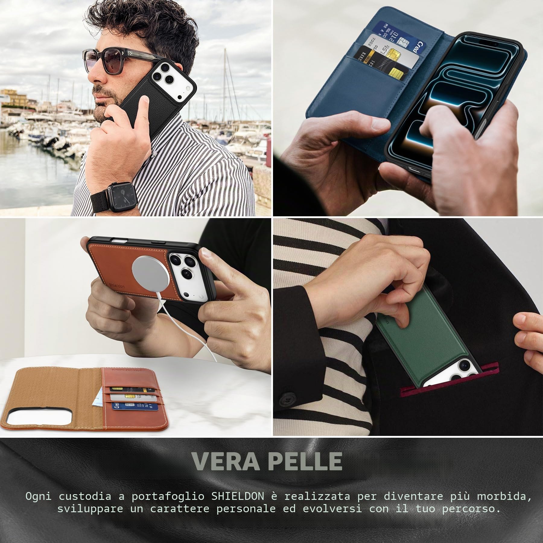 SHIELDON Custodia Vera Pelle per iPhone 17 Pro Max 6,9" 5G 2025, Nero