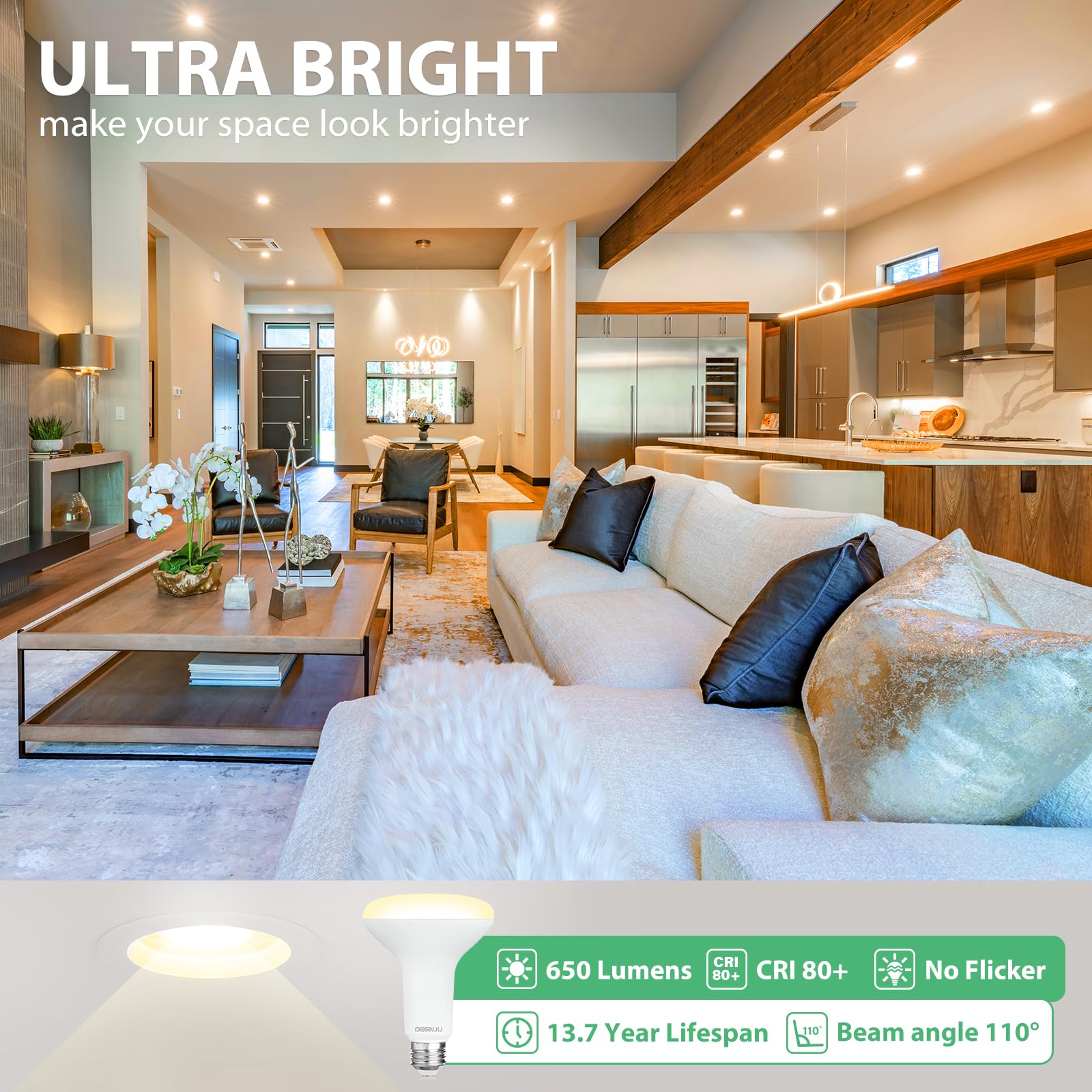 Paquete de 12 bombillas LED empotrables BR30, bombillas de inundación regulables para interiores, CRI80 7 W, equivalente a 65 W, 2700 K, blanco suave, 650 lúmenes, 15000 horas de vida útil, 2