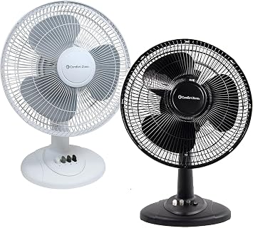 Comfort Zone Oscillating Table Fan Bundle, Adjustable Tilt, Convenient Push Button Controls, Quiet, 12 inch, 3 Speed, Desk Fan, Airflow 7.25 ft/sec, Ideal for Home, Bedroom, Dorm & Office 2-Pack