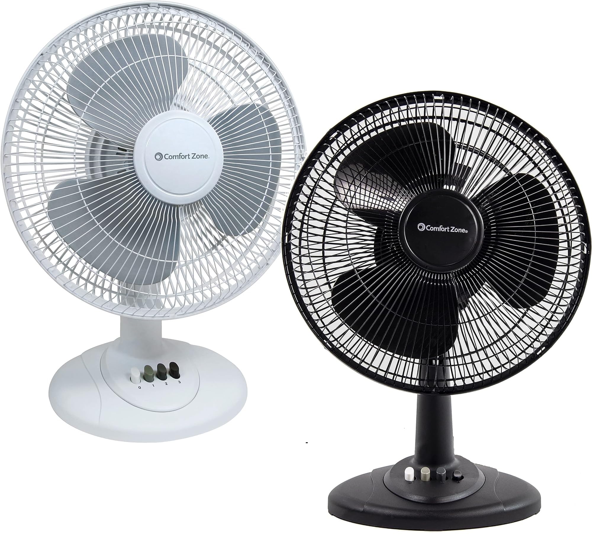 Comfort Zone Oscillating Table Fan Bundle, Adjustable Tilt, Convenient Push Button Controls, Quiet, 12 inch, 3 Speed, Desk Fan, Airflow 7.25 ft/sec, Ideal for Home, Bedroom, Dorm &amp; Office (2-Pack)