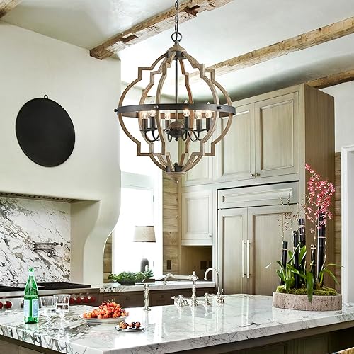 Miniatura 7 de Saint Mossi - Lámpara de araña de 6 luces con acabado de roble envejecido, estilo rústico de globo, lámpara colgante de granja, 29 pulgadas de alto