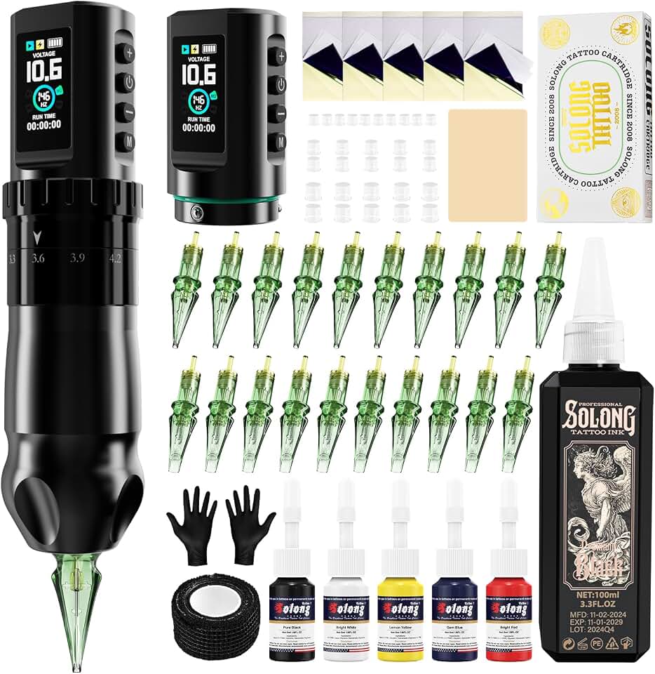 Solong Tattoo Gun, Rotary Tattoo Pen with 2 Pcs 1800mAh Large Capacity Batteries, 7 Adjustable Stroke Lengths, High Torque Motor & LED Display, Black Tattoo Ink, Tattoo Needles & Transfer Paper