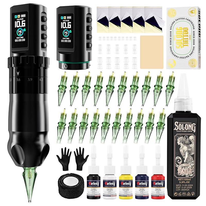 Kit para Tatuagem Solong Tattoo com Caneta Rotativa, 2 Baterias de 1800mAh, 7 Ajustes de Curso, Tela LED, Tinta Preta, Agulhas e Papel de Transferência