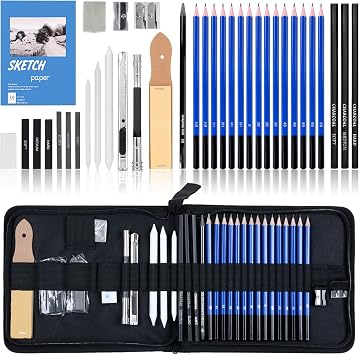 36-piece Drawing and Sketching Pencil Set, containing pencils, ink pens, metal pencil sharpeners and other drawing tools, suitable for artists, beginners, children and students.