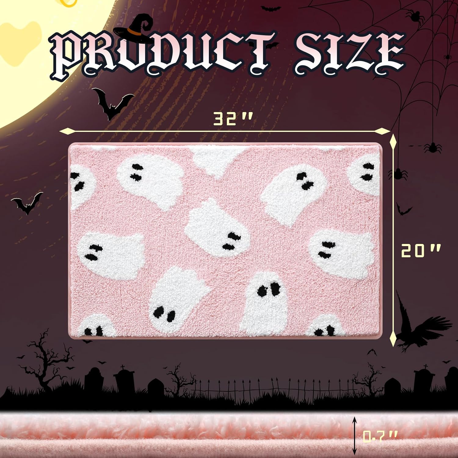 Ghost Bathroom Rug 20x32 Inch Pink, Soft and Absorbent Tufted Halloween Bath Mat Non Slip Washable, Halloween Bathroom Decor Rug Holiday Decorations