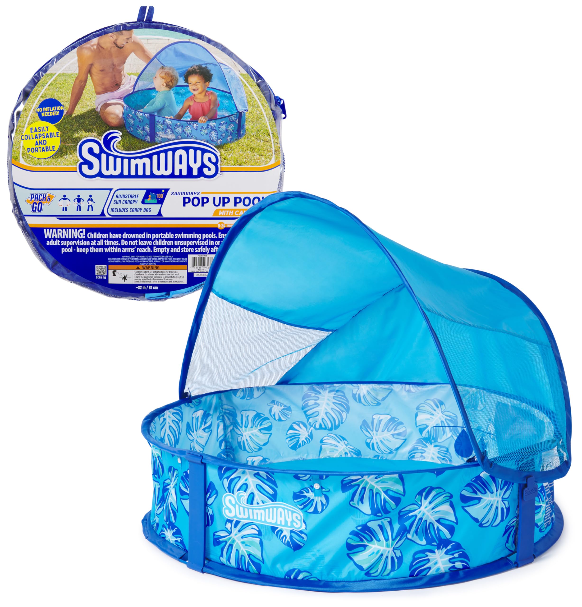 Swimways Elite Pop-Up above Ground Pool, Baby Pool with Canopy & Carrying Case, Foldable Kiddie Pool for Ages 9-24 Months, Measures 32", Blue