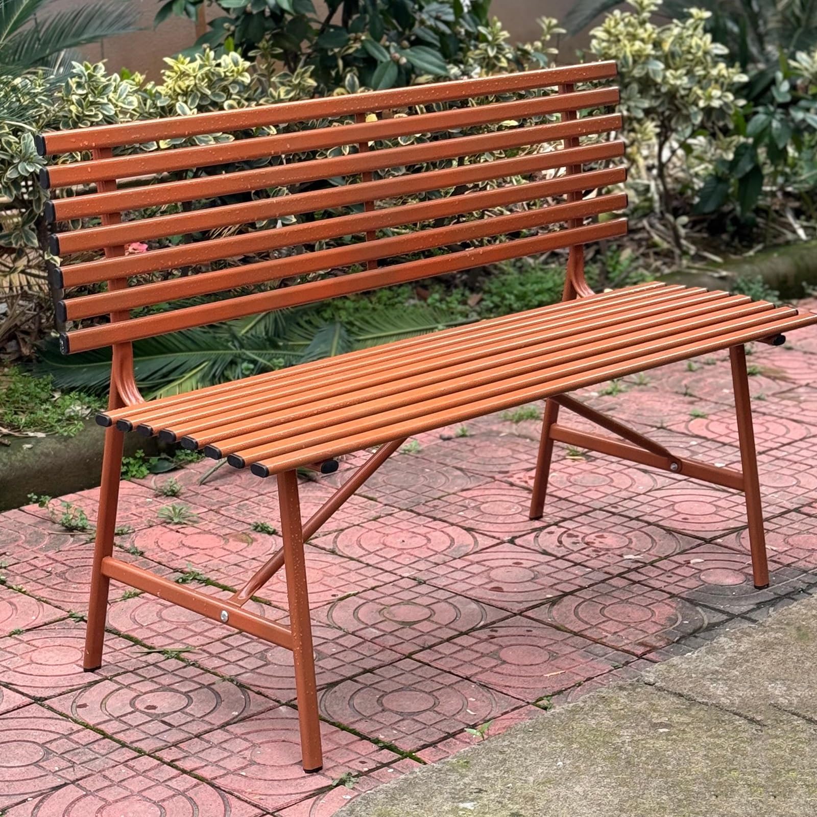 Panchina da Esterno, Panchina da Giardino in Ferro per 2 Persone, Con Schienale e Sedute a Doghe per Giardino, Patio, Portico, Ingresso(Orange)