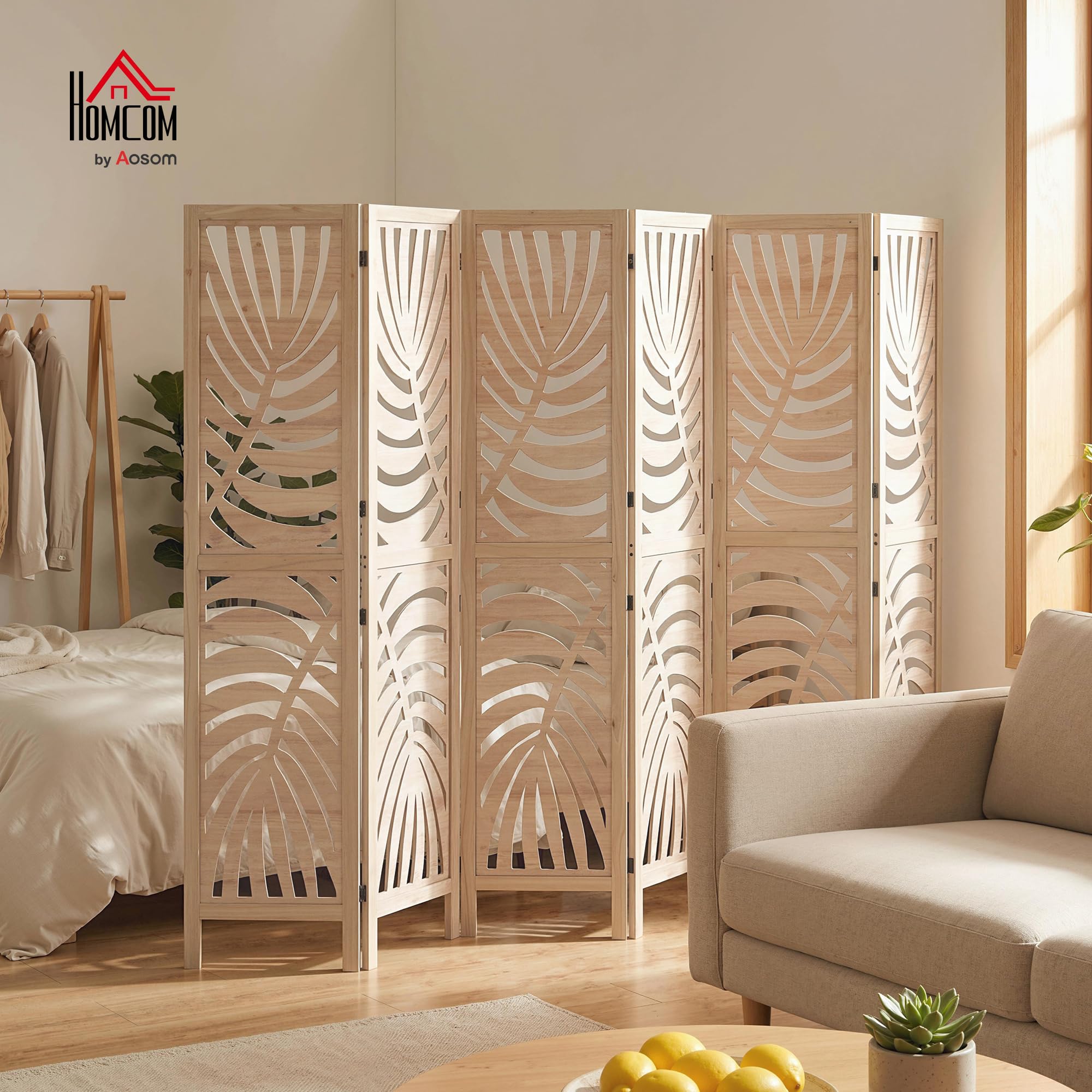 HOMCOM Separador 6 Paneles Plegable Desmontable Acabado Madera Natural | Pantallas de privacidad, tabique autoportante, diseño de hoja de palma, para oficina en casa, dormitorio