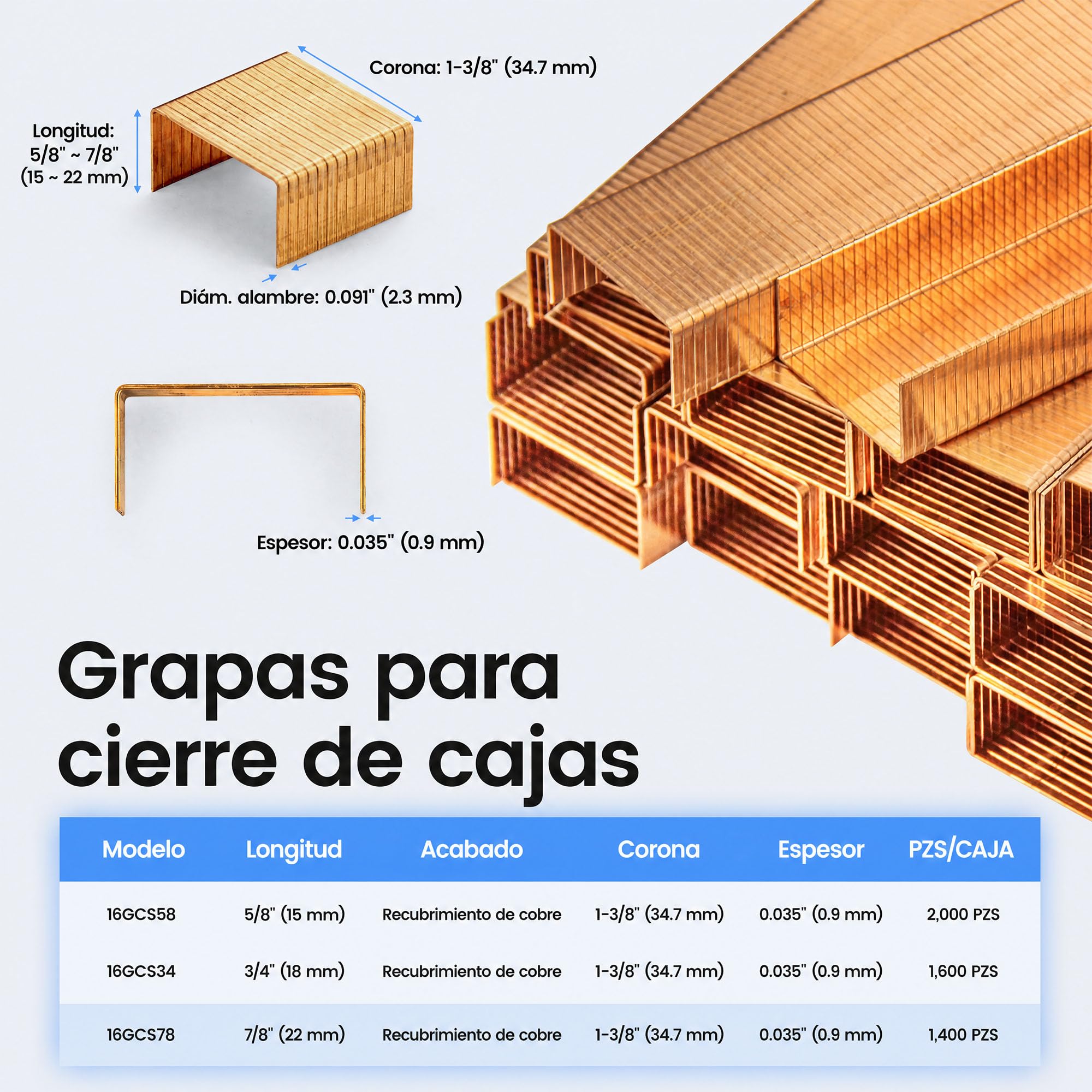 meite Grapas para Cierre de Cajas de Cartón, Calibre 16, Corona Ancha de 34,7 mm, Pata de 15 mm, Recubiertas de Cobre, para Grapadora Neumática o Manual, Embalaje de Cartón, 2.000