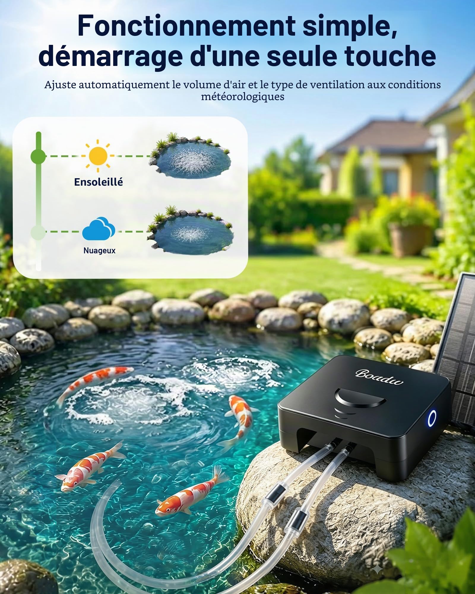 Pompe à oxygène Solaire 6W 4400mAh – Aérateur Bassin avec 2 Pierres à air, antigel – Fonctionne par Temps Nuageux, Jardin et pêche