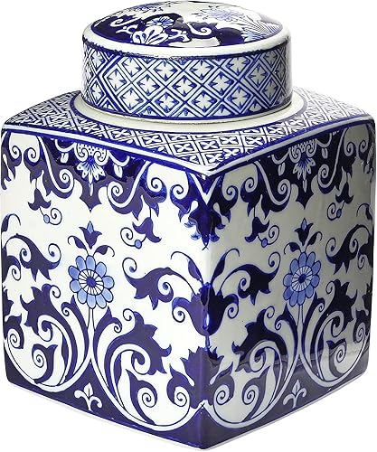 Miniatura 9 de Creative Co-Op Tarro de jengibre de cerámica azul y blanco con tapa