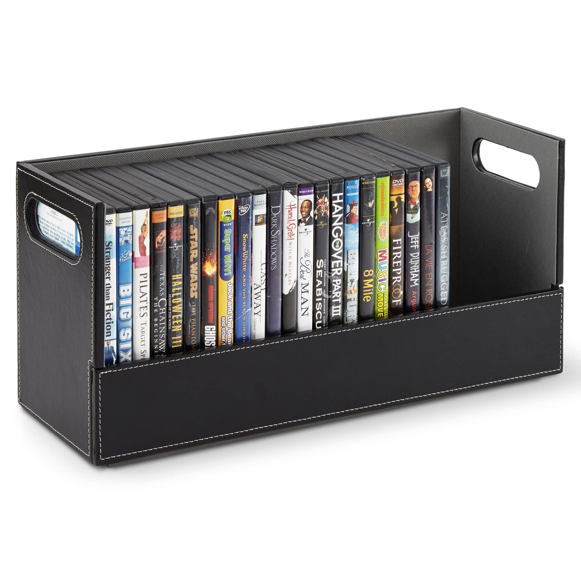 Stock Your Home Scatola portaoggetti per DVD, organizer per Blu-Ray, custodie per videogiochi, CD, supporto per nastri VHS, supporto per dischi può contenere fino a 28 DVD, in ecopelle (nero)