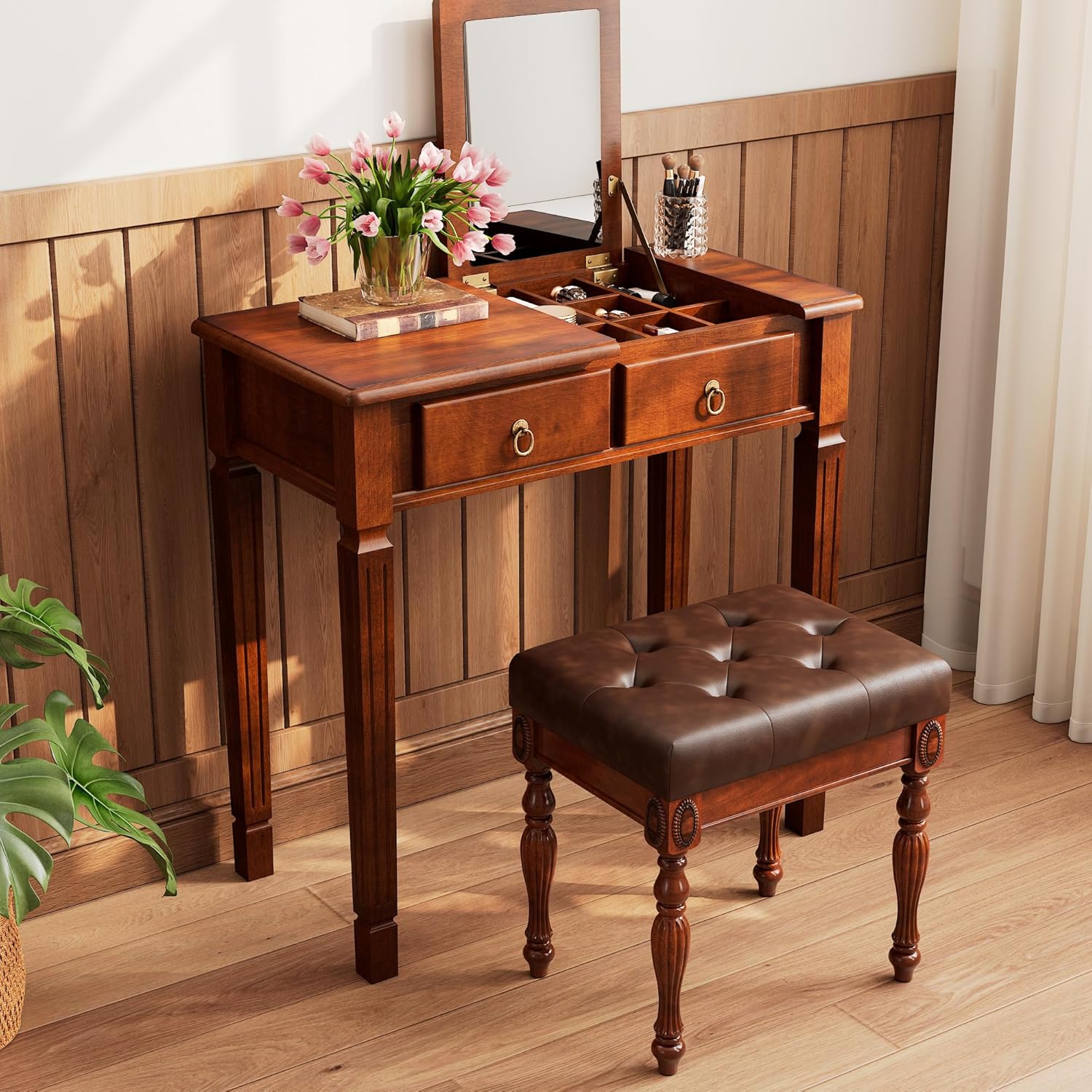 Makeup Vanity Desk Set with Flip Top Mirror, 31.5" Wooden Vanity Table with Mirror, Compact Dressing Table with 2 Drawers & 7 Compartments, Writing Desk with Padded Stool for Bedroom, Cherry+Brown