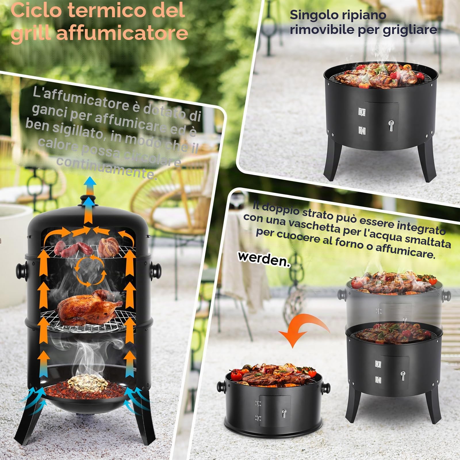 TLGREEN Affumicatore 3 in 1, Barbecue a Carbone, BBQ Smoker, Ø44,5 x 80 cm, Con Scarico Aria Regolabile e Termometro, Barbecue Smoker per Grigliare e Cucinare