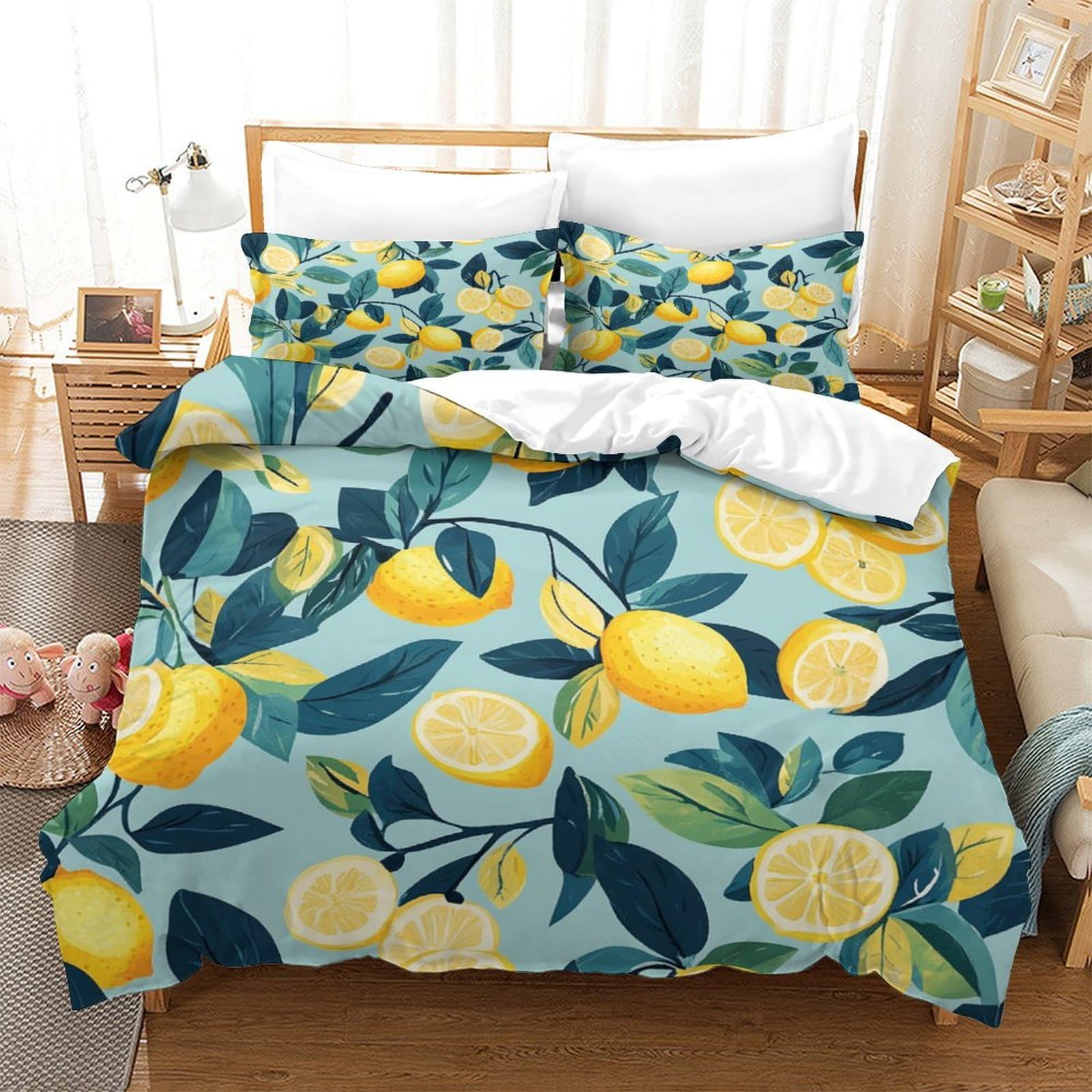 P1s9u7w5y Lemon Fresh Design 3D Printed Duvet Cover Set 3Pcs Microfiber Orchard Style Bedding Set Double（200X200cm）