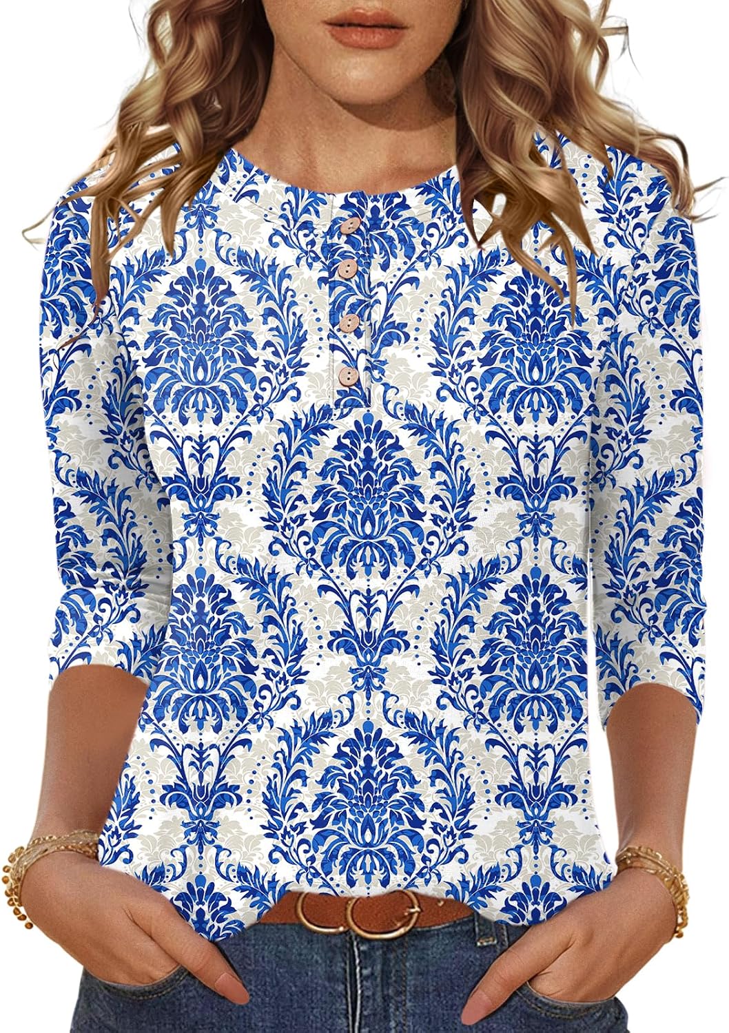 LOMON 3/4 Length Sleeve Womens Tops Dressy Casual Crewneck Pullover Tunics Summer Cute Blouses Fashion 2025 Tees Shirts - Image 2