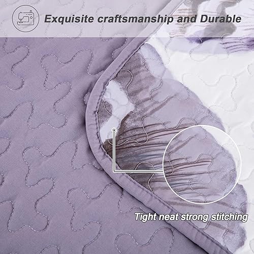 Miniatura 7 de Juego de edredón floral California King de 3 piezas, juego de edredón floral morado, microfibra suave, ligera, colcha acolchada morada para todas