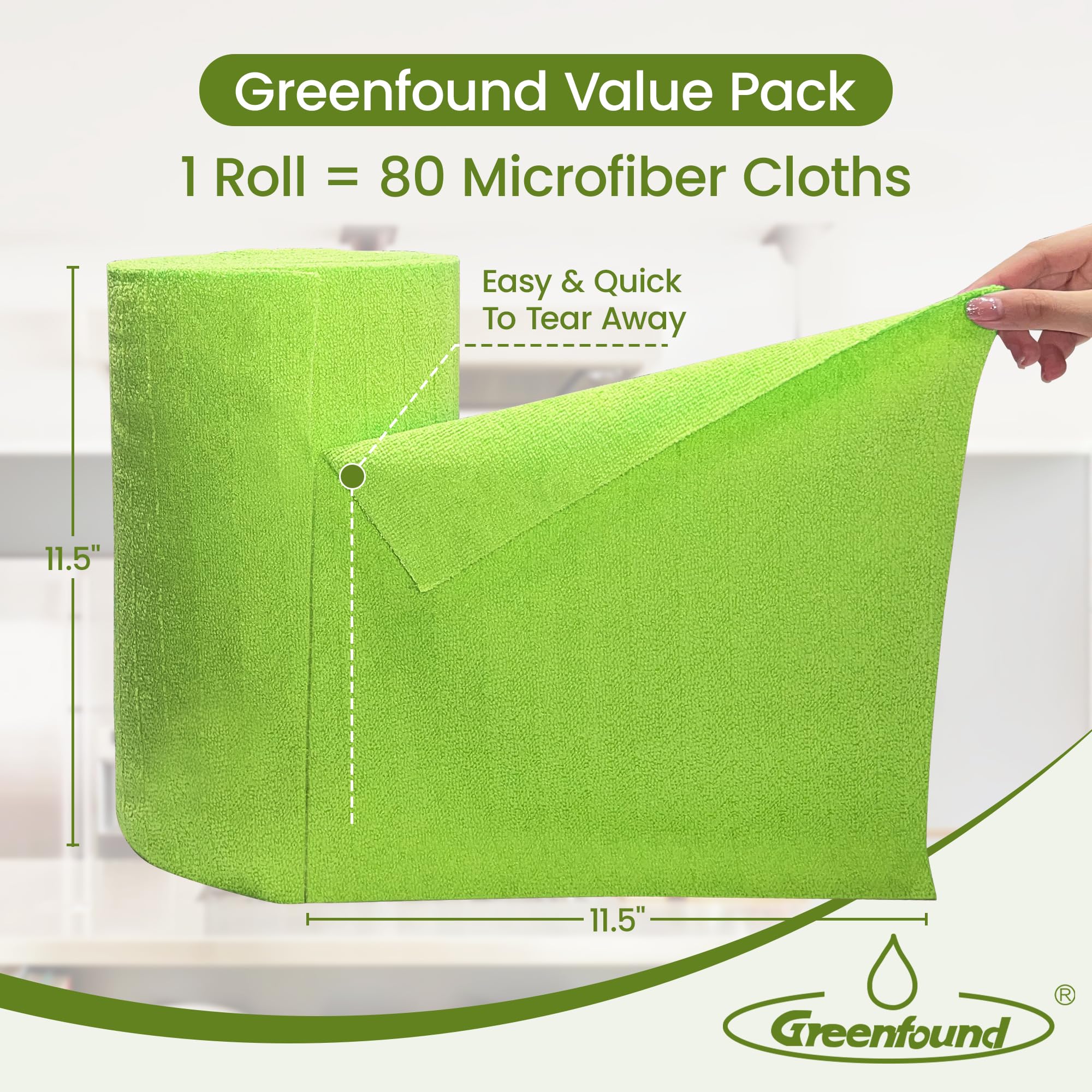 Greenfound Rollo de paño de limpieza de microfibra, paquete de 80, toallas de microfibra extraíbles para coche, toallas de papel reutilizables, lavables, absorbentes, sin pelusas, trapos de limpieza
