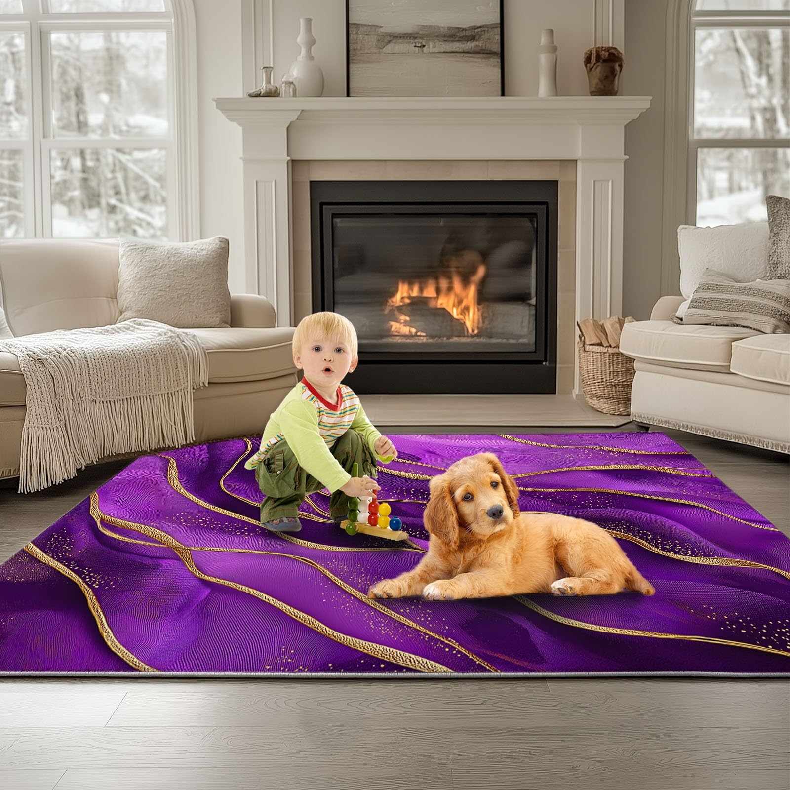 Générique Tapis De Salon 160 x 230 cm, Tapis Lavables Vagues Aquarelles Rayures avec Dos Antidérapant, Doux et Facile d'entretien, pour Cuisine Salle à Manger Bureau et Chambre Réalisme