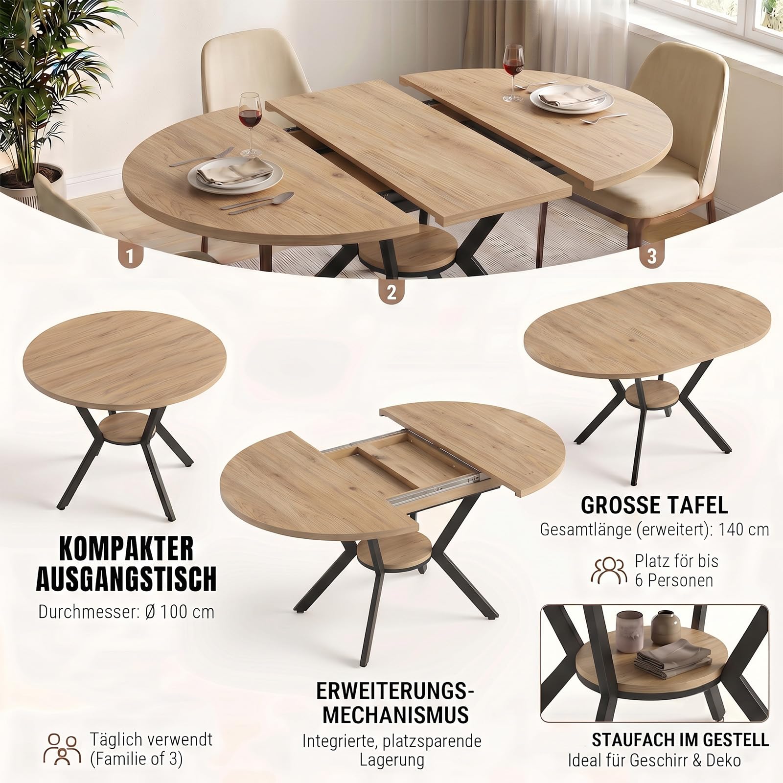 Esstisch Rund Ausziehbar, 100-140cm Rund Küchentisch Holz, Esszimmertisch Oval mit Teleskopfunktion, Wohnzimmertisch Erweiterbar mit Offenen Ablagen für Küche, Esszimmer und Wohnzimmer