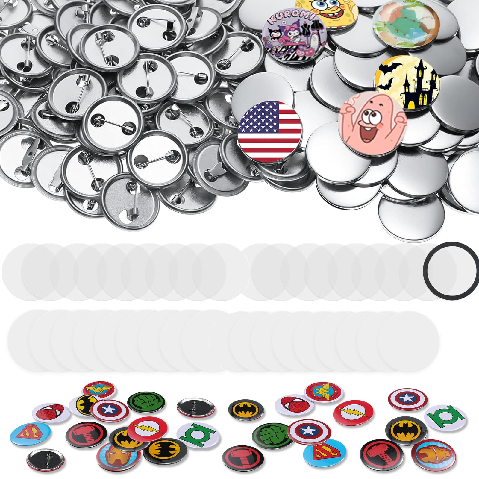Button Maker Supplies - 100 Sets 25mm/1inch Pin Making Kit With Metal Shell Back Cover, Transparent Film, Paper for Badge Machine